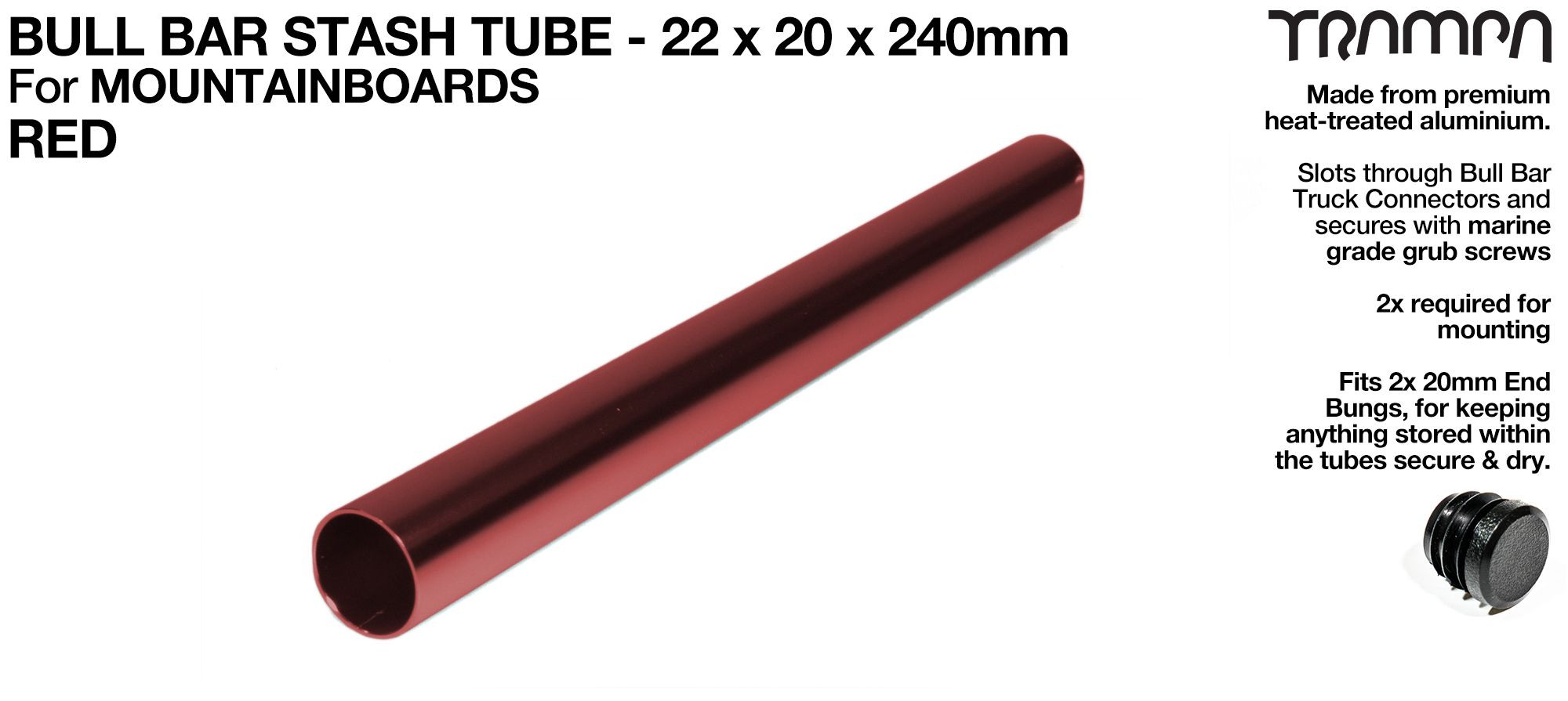 Mountainboard Bull Bar Hollow Aluminium Stash Tube - RED 22x20x240mm 