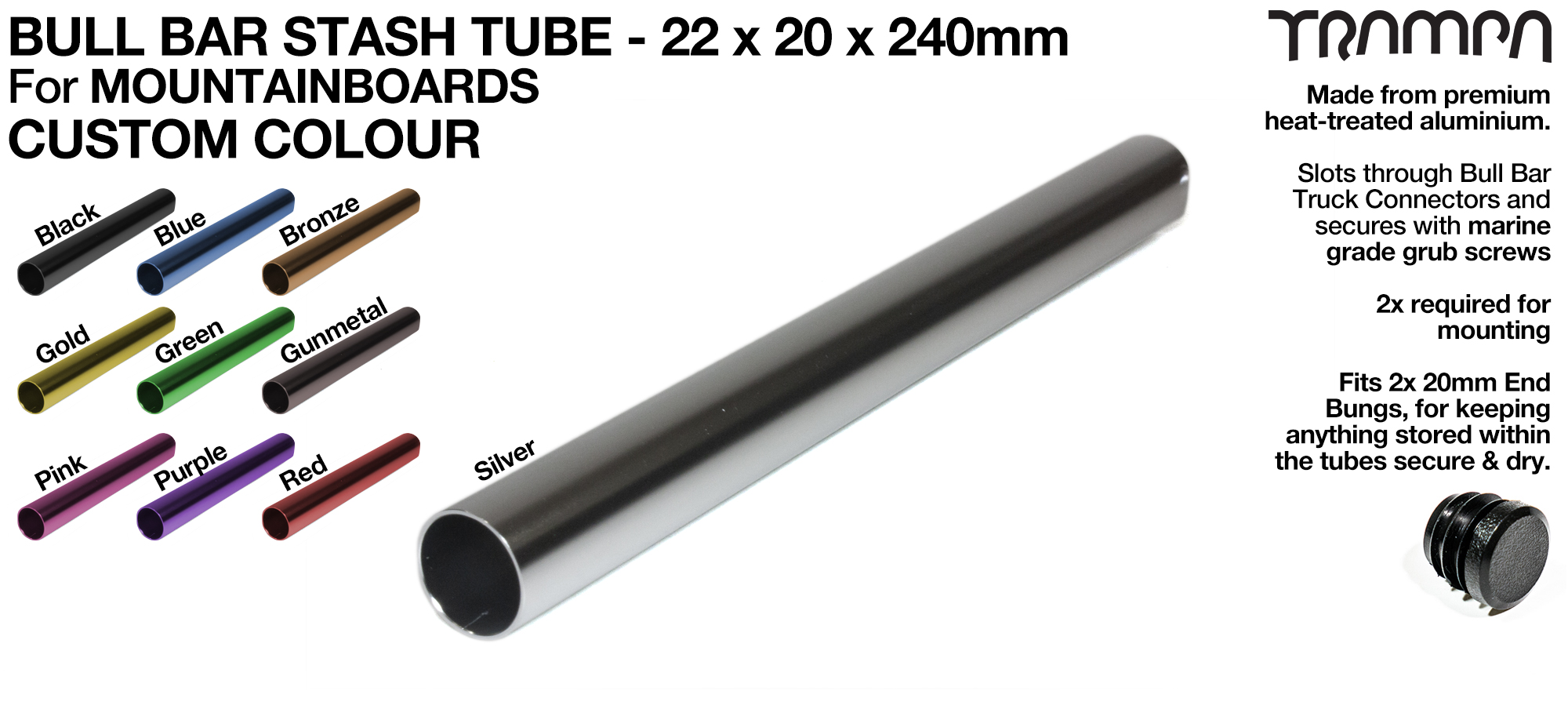 Mountainboard Bull Bar Hollow Aluminium Stash Tube - CUSTOM 22x20x240mm 