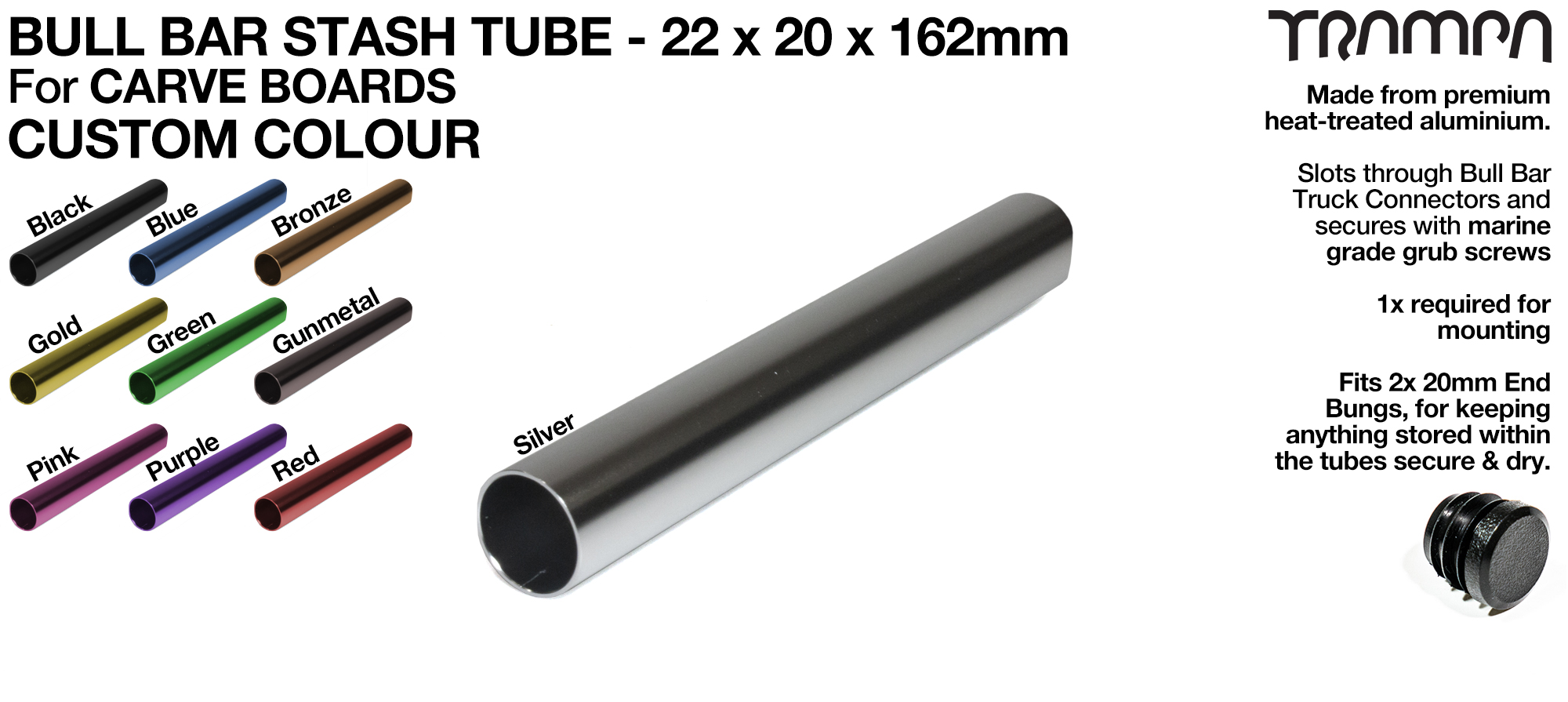 Carve Board Bull Bar Hollow Aluminium Stash Tube - CUSTOM 22 x 20 x 162 mm 