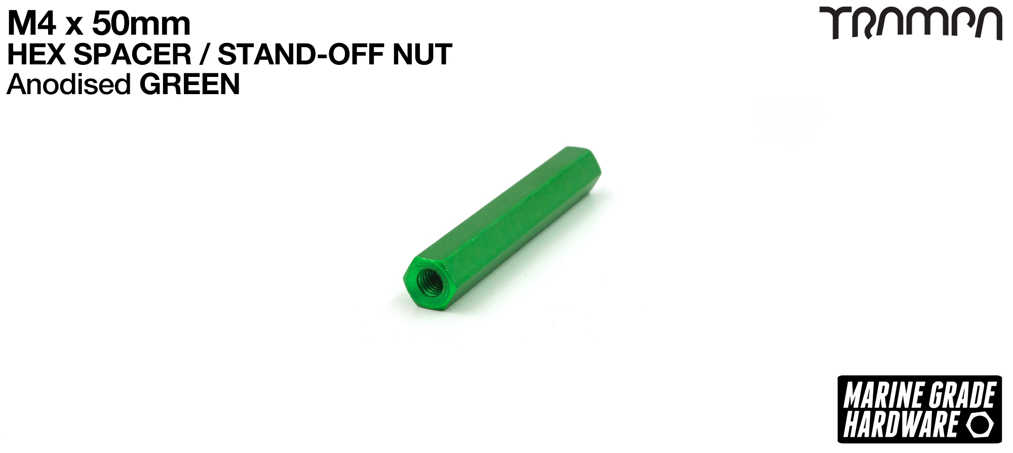 M4 x 50mm Aluminium Threaded HEX Spacer Nut used for assembling the MONSTER Battery Boxes - GREEN