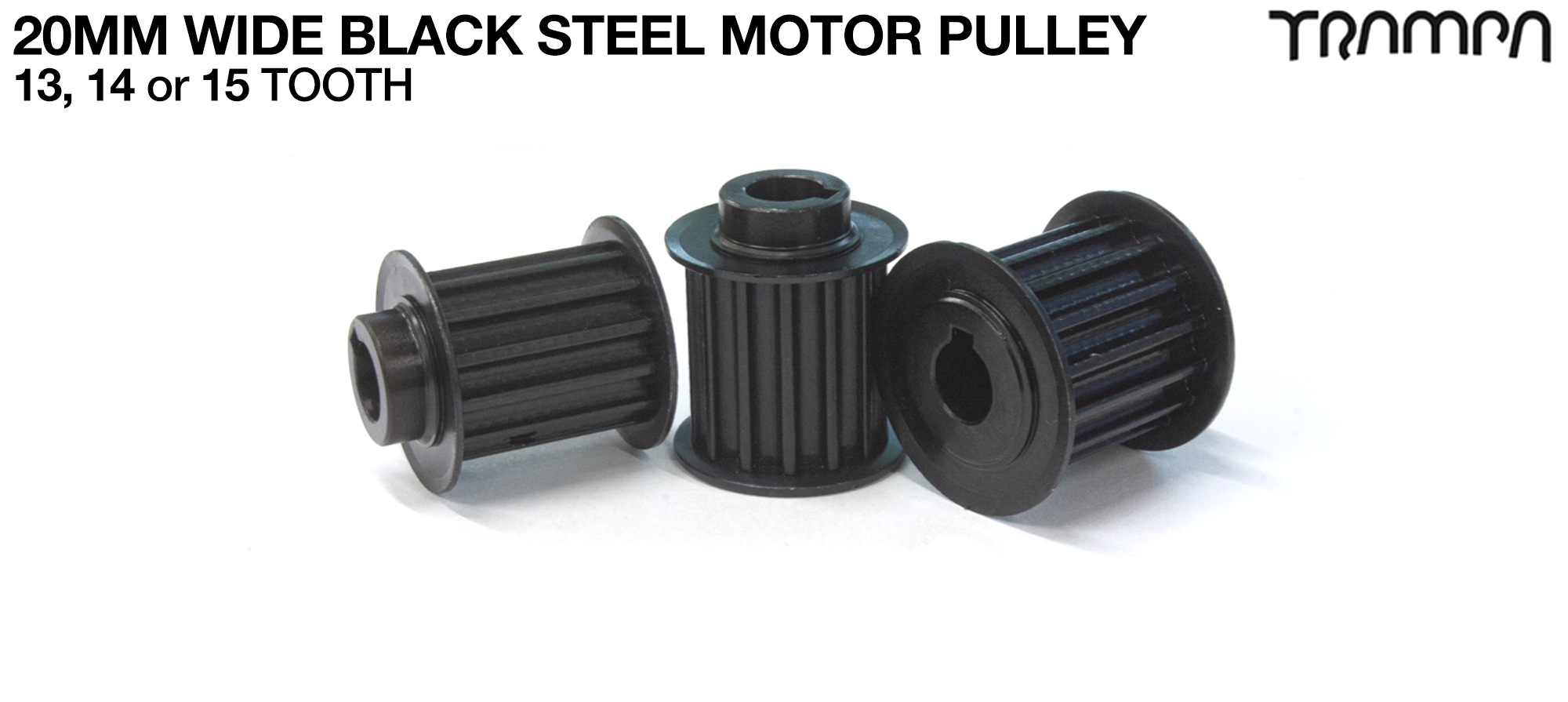 Custom 20mm Motor Pulley BLACK STEEL & supplied with MGSS Grub Screw & Keyway - 13, 14, 15 tooth.