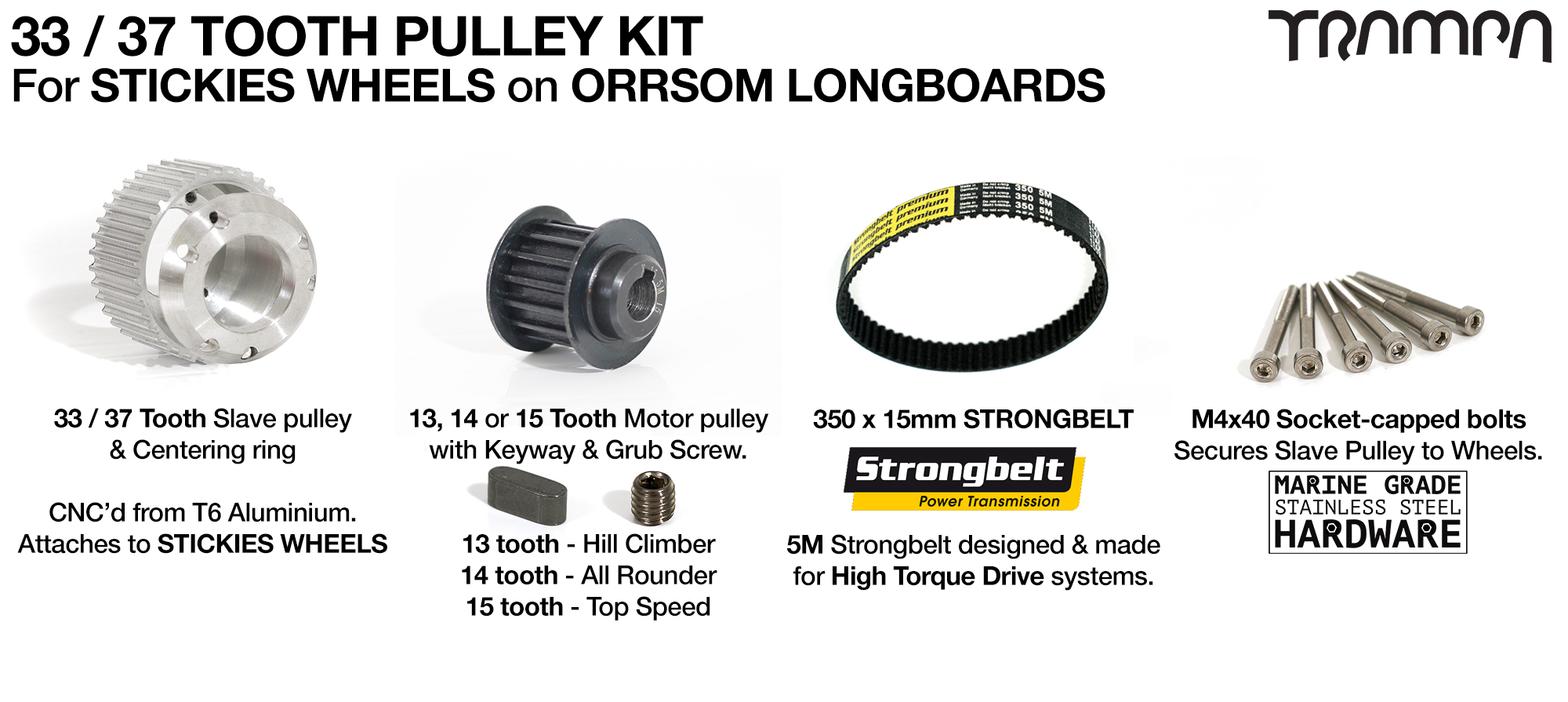 ORRSOM Longboard 33/37 Tooth Pulley Kit with 330mm x 15mm Belt for STICKIES Wheels
