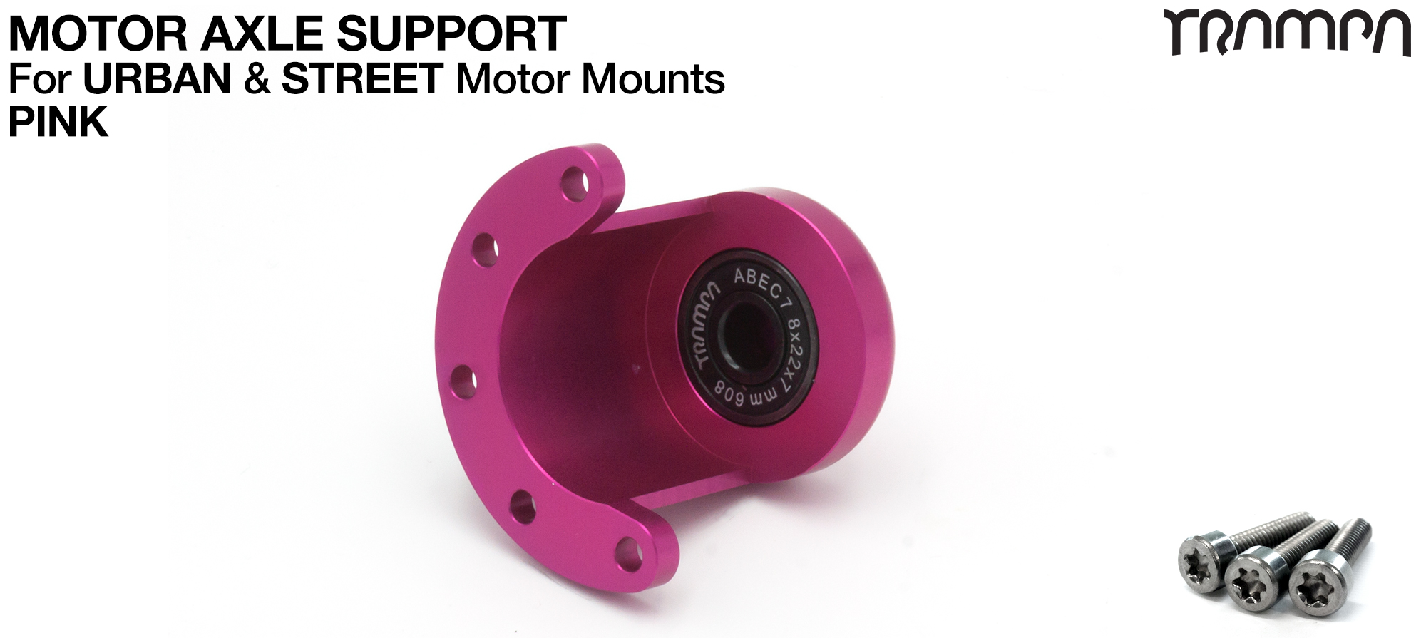 Motor Axle Support Housing with TRAMPA R608 8x22x7mm Bearing, C-Clip & Stainless Steel fixing Bolts for Mini Spring Truck MKII CARVE Motor Mounts UNIVERSAL - PINK