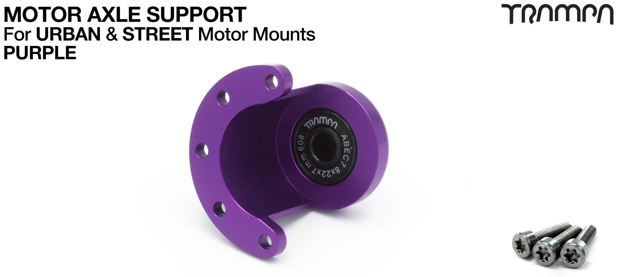 Motor Axle Support Housing with TRAMPA R608 8x22x7mm Bearing, C-Clip & Stainless Steel fixing Bolts for Mini Spring Truck MKII CARVE Motor Mounts UNIVERSAL - PURPLE