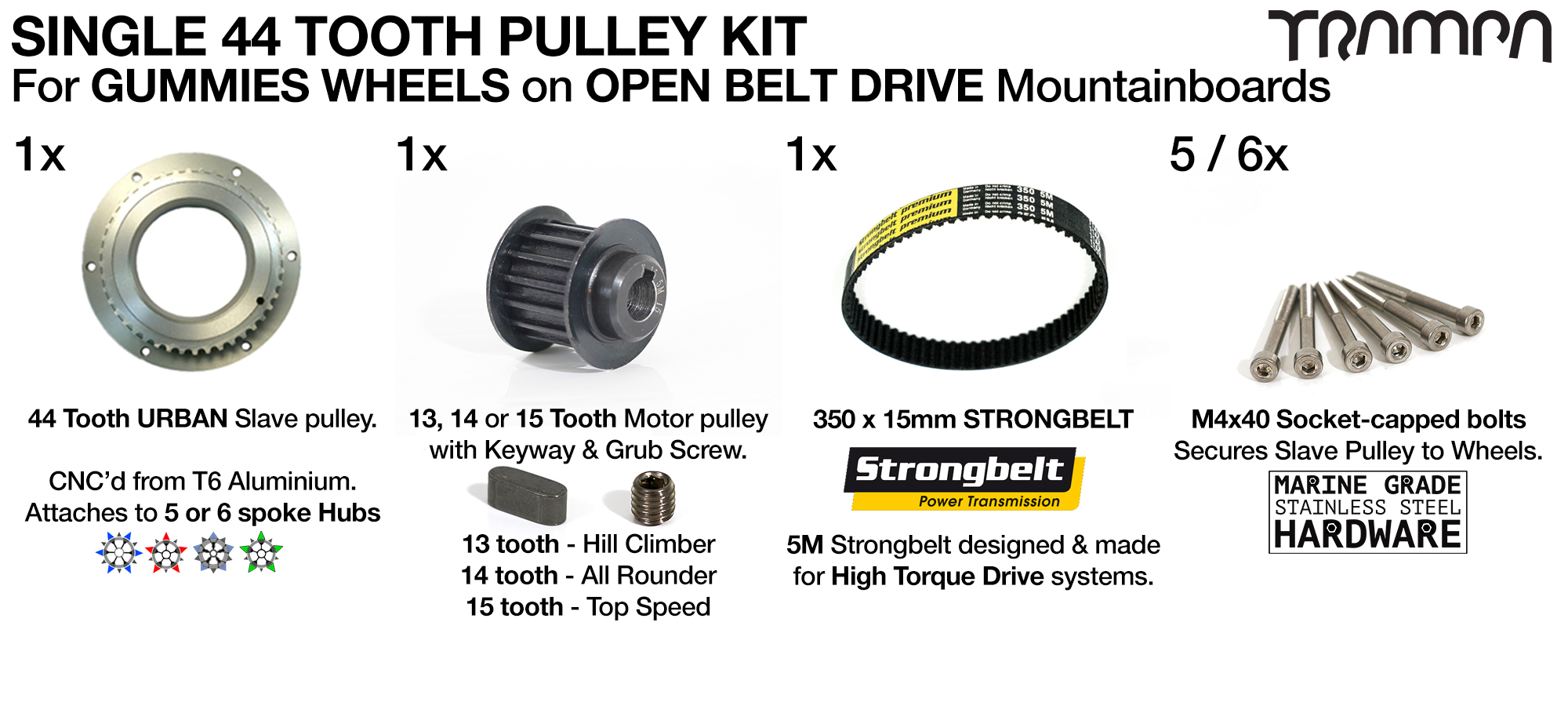 66T Open Belt Drive  Pulley Kit with 350mm x 15mm Belt for 5 Inch GUMMIES Wheels using 44 Tooth Slave