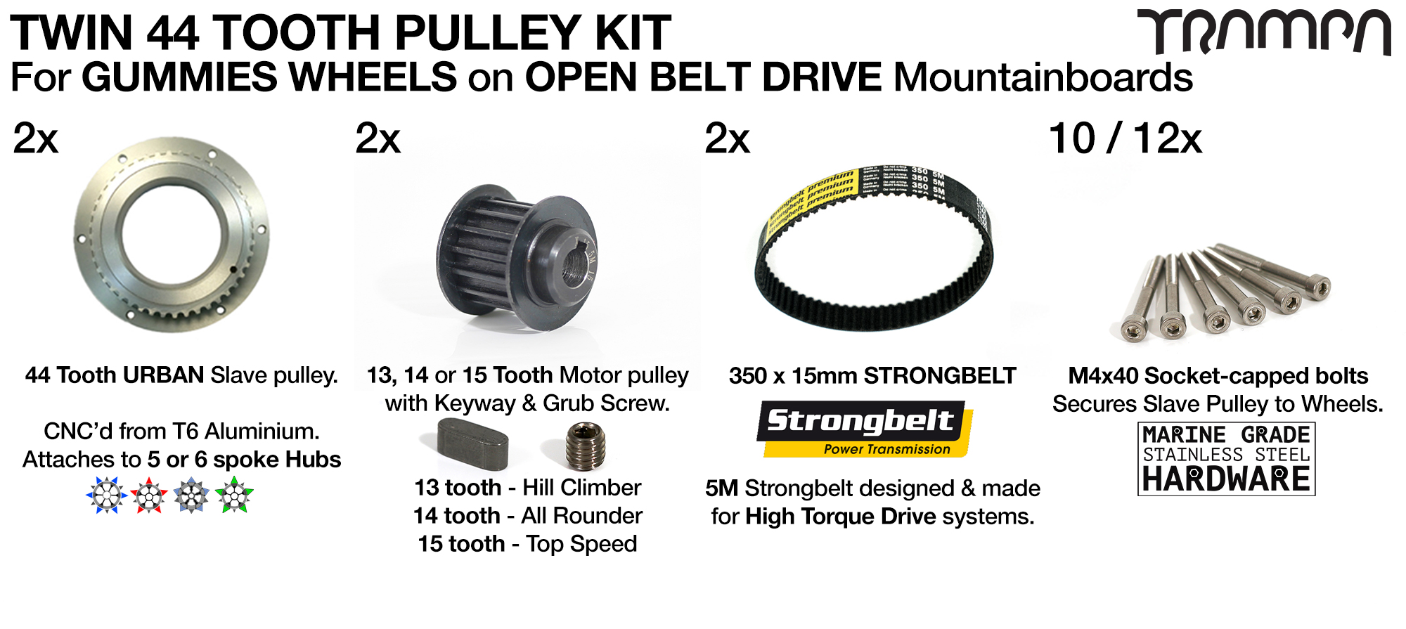 66T Open Belt Drive Pulley Kit with 350mm x 15mm Belt for 5 Inch GUMMIES Wheels using 44 Tooth Slave - TWIN