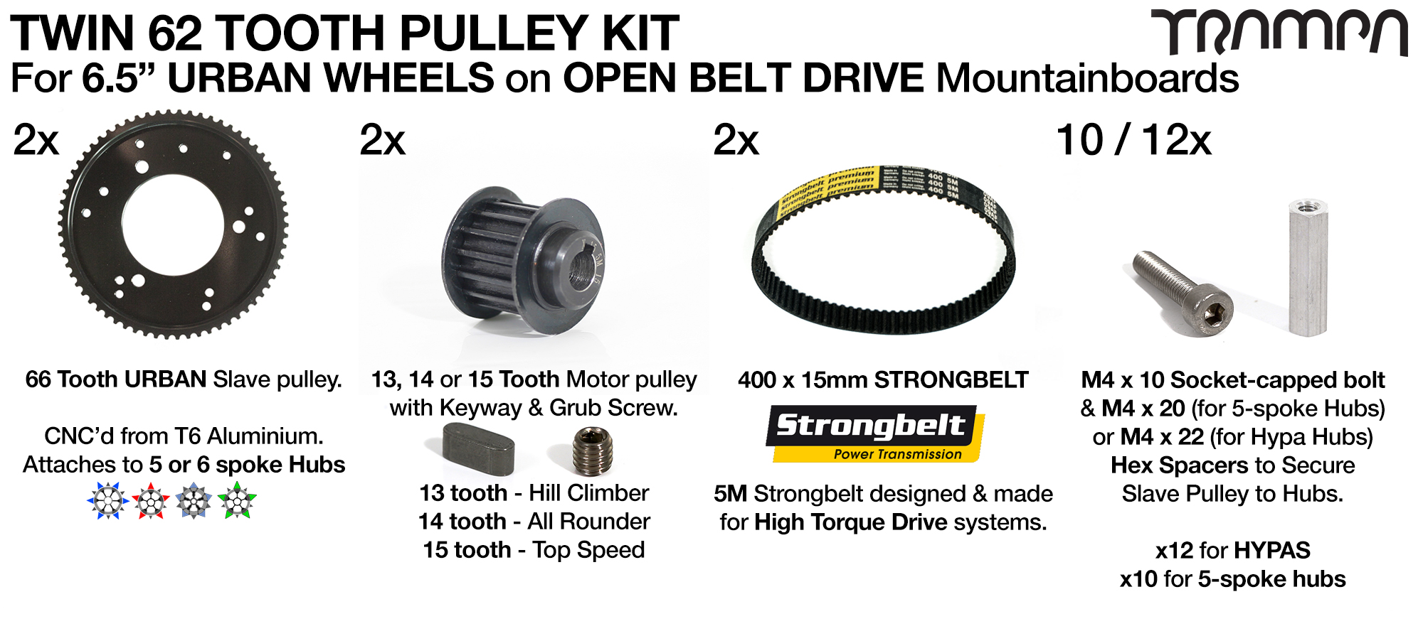 Open Belt Drive Pulley Kit with 400mm x 15mm Belt for 62 Tooth Slave to be used with 6.5 Inch URBAN Wheels - TWIN