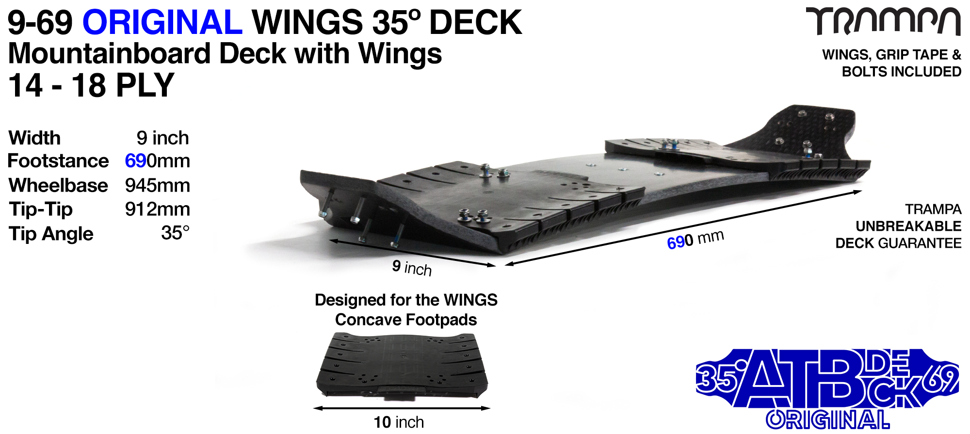 35° 9/69 Mountainboard Deck Fitted with WINGS (£235)