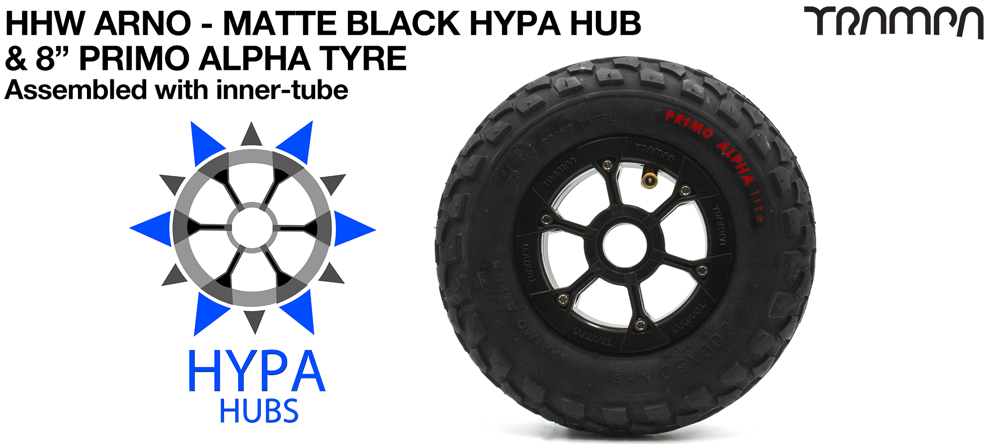 SRB - Matt HYPA hub & 8 inch Black Alpha Tyre with Inner tube using SILVER 25mm VALVE - Assembled