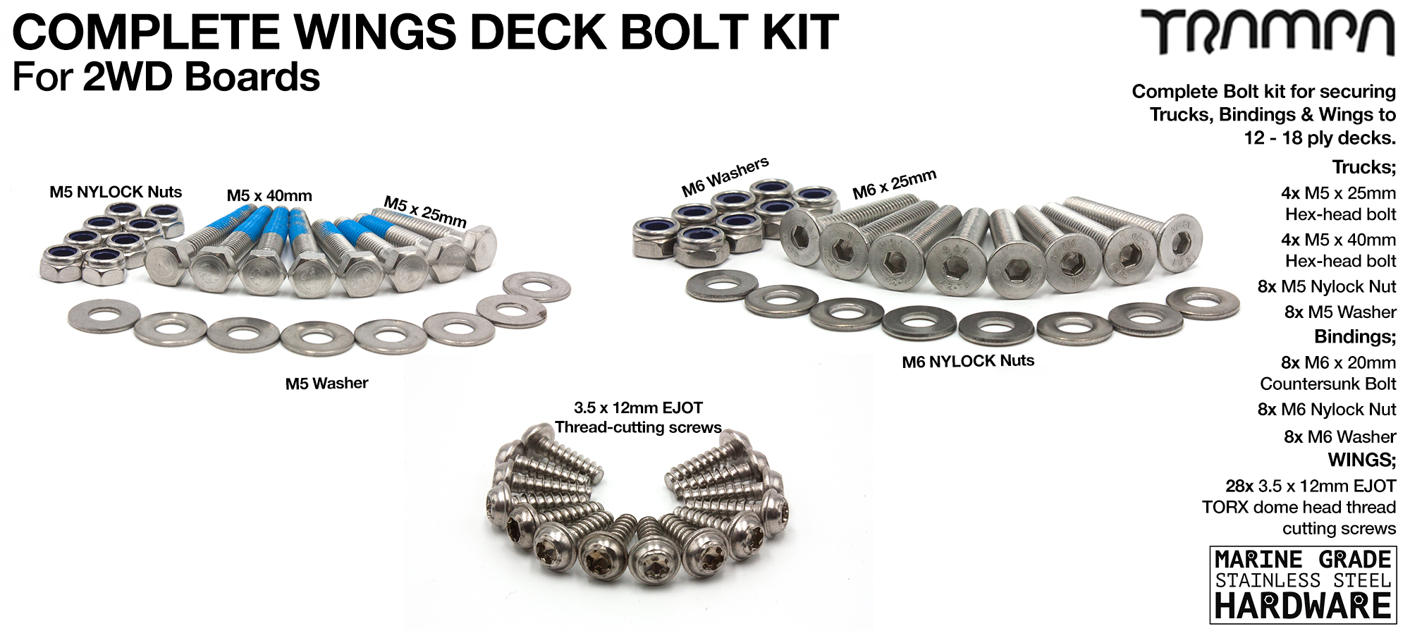 Marine Grade Stainless Steel Complete 2WD WING Deck Bolt Kit - 16/18ply  