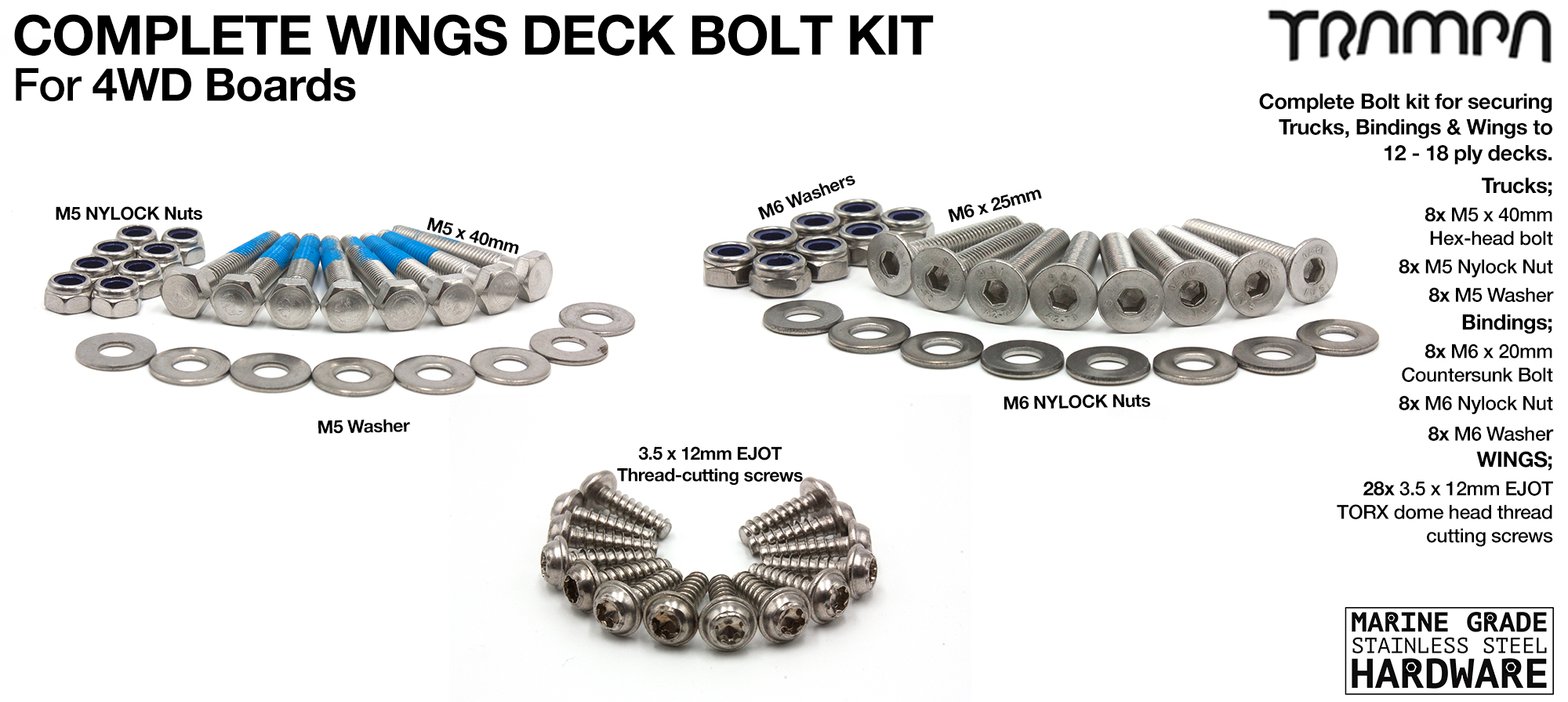 Complete 4WD WING Deck Marine Grade Stainless Steel Bolt Kit - 16/18ply 