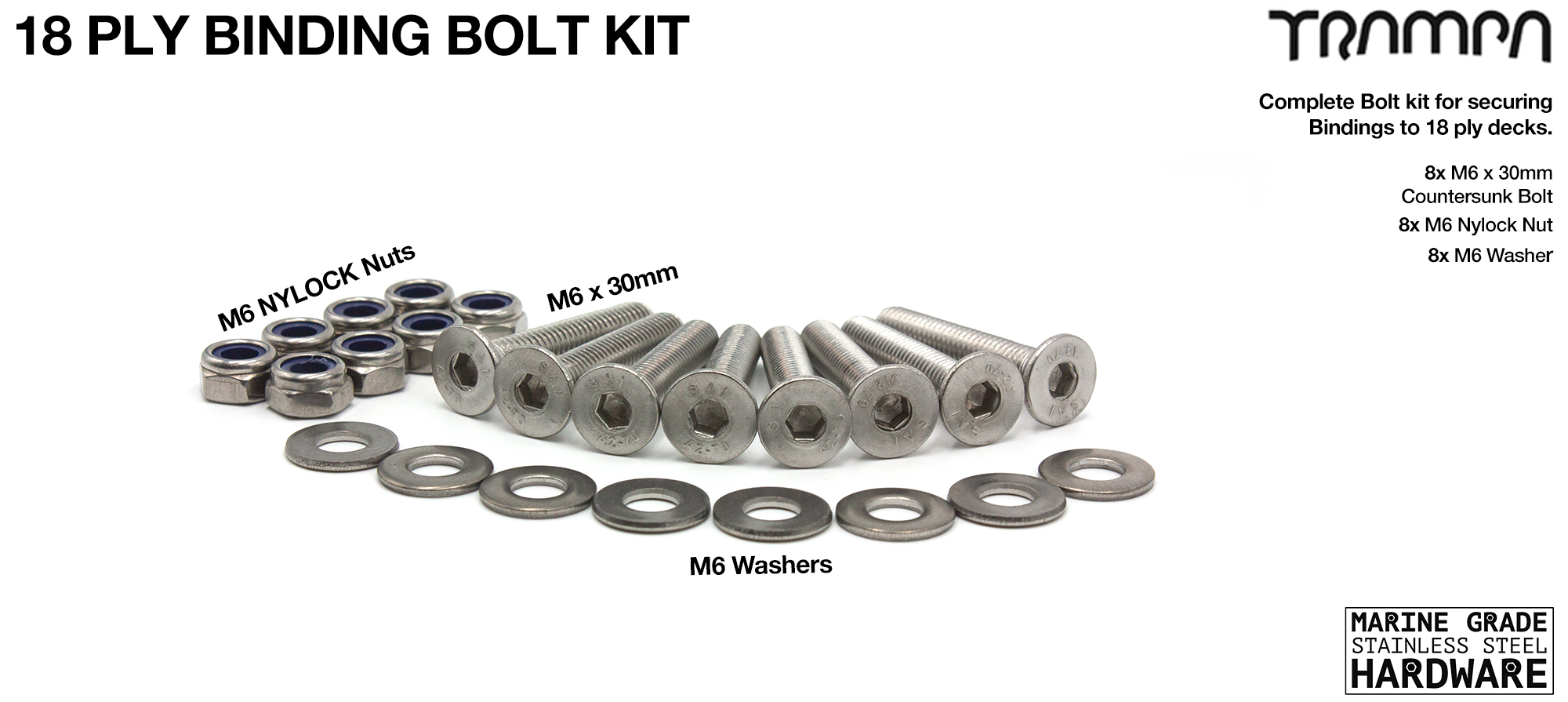 M6 x 30mm Marine Grade Stainless Steel Countersunk Binding Bolt Kit for all 18ply TRAMPA Decks - NO WINGS 
