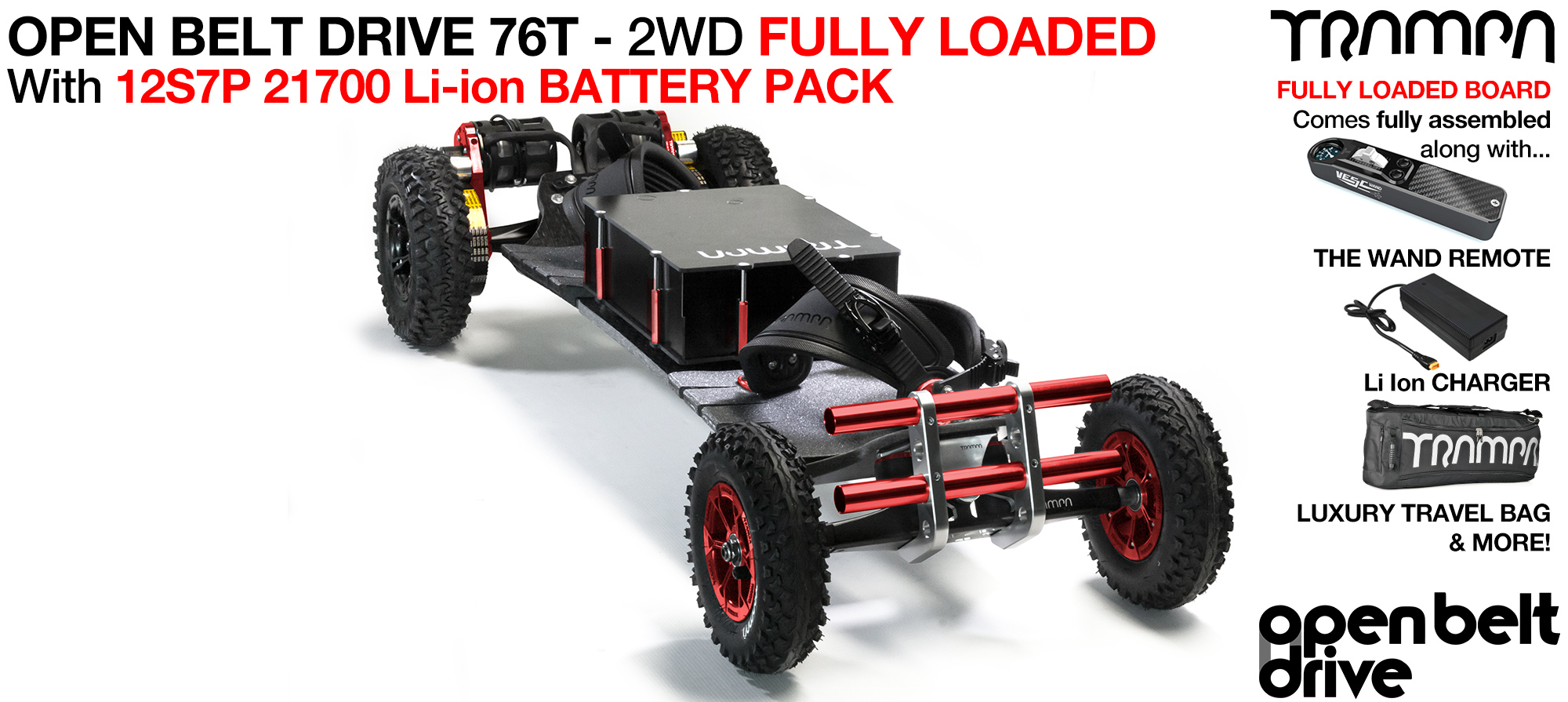 2WD 76T Open Belt Drive TRAMPA Electric Mountainboard Fits up to 9Inch Wheels using 76 Tooth Pulleys - FULLY LOADED 21700 Cell Pack