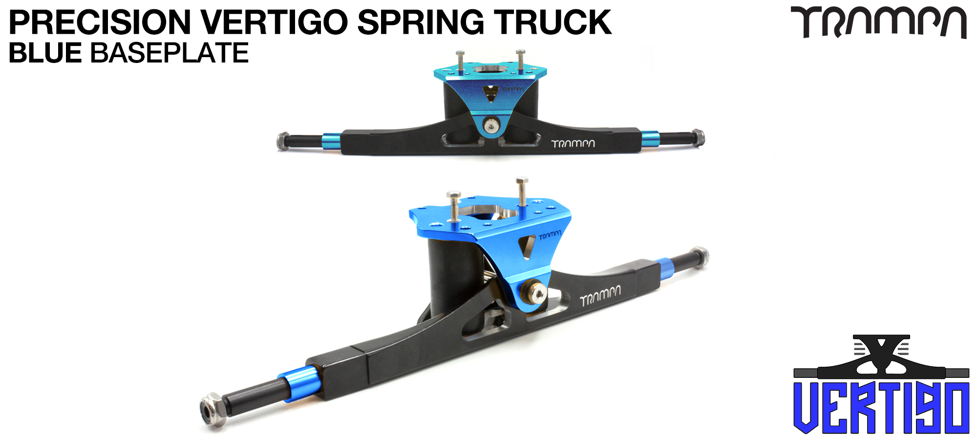 PRECISION CNC VERTIGO Truck BLUE  - 12mm Hollow Axles with GUNMETAL CNC baseplate Steel Kingpin TRAMPA Spring Trucks 