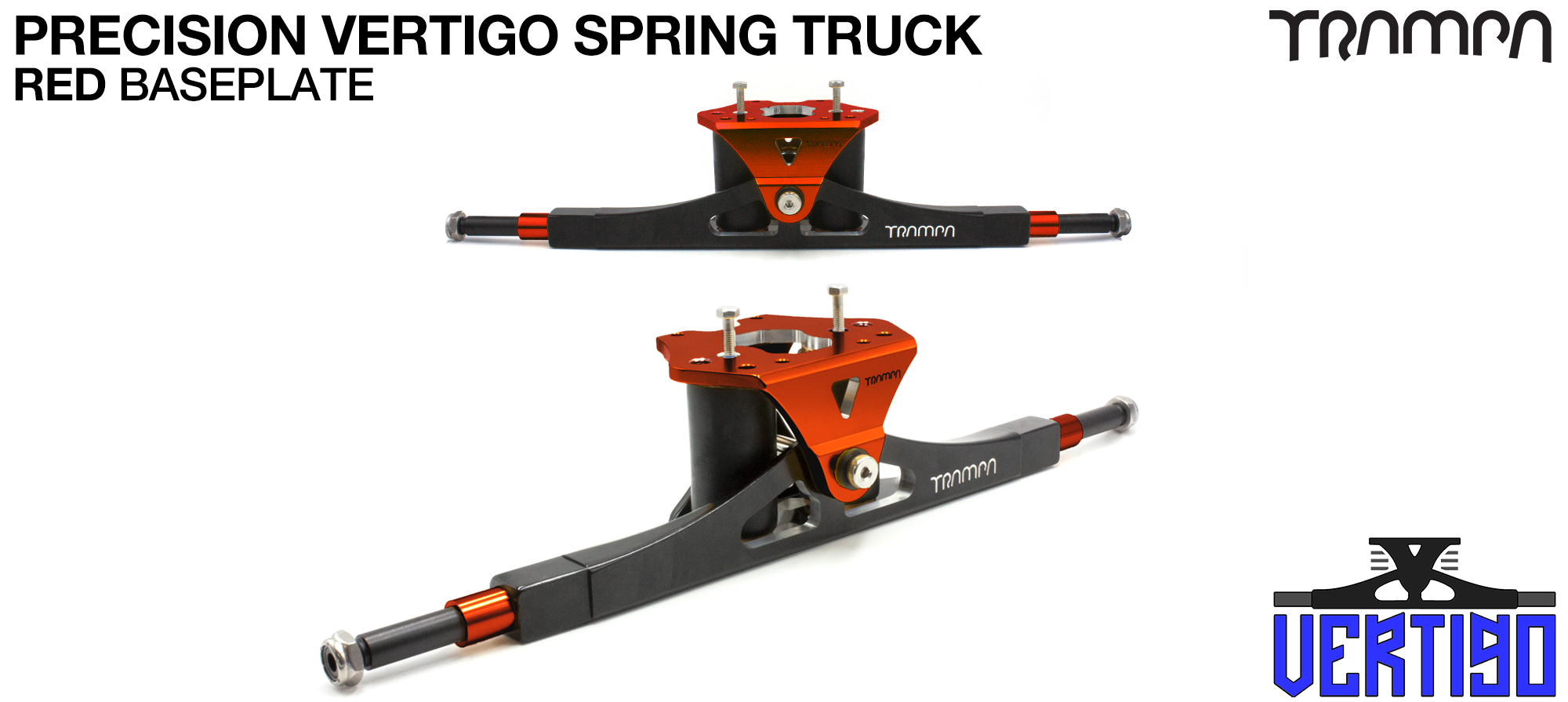 PRECISION CNC VERTIGO Truck RED - 12mm Hollow Axles with Anodised RED CNC baseplate & Steel Kingpin TRAMPA Spring Trucks 