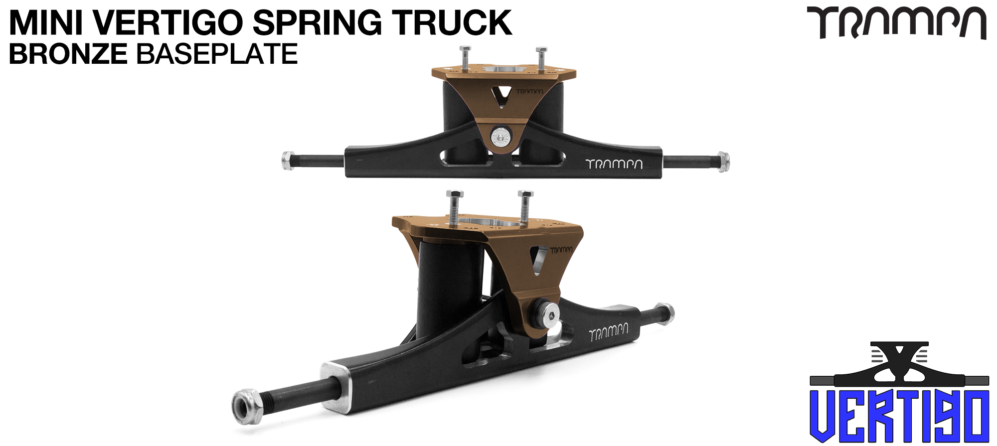 Mini VERTIGO TRAMPA TRUCKS - CNC FORGED Channel Hanger with 9.525mm HOLLOW Steel Axle CNC Baseplate Stainless Steel Kingpin - BRONZE