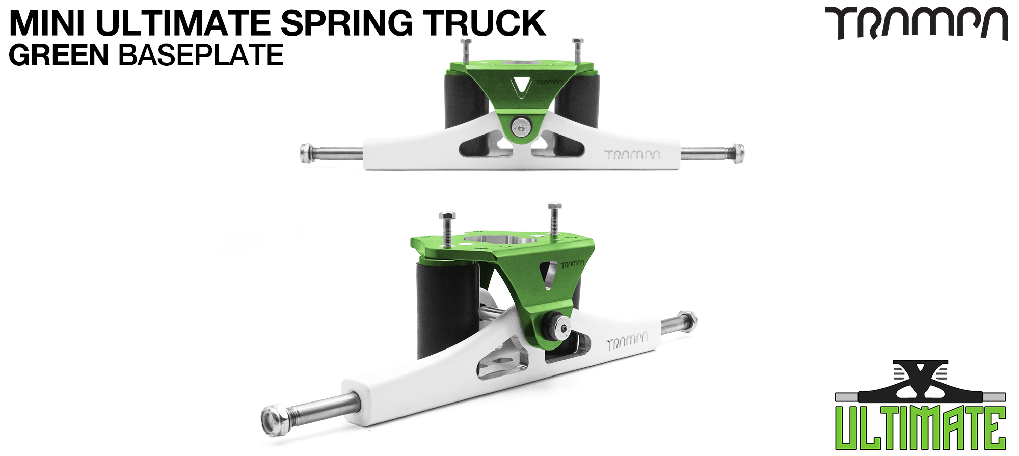 Mini ULTIMATE TRAMPA TRUCKS - CNC FORGED Channel Hanger with 9.525mm TITANIUM Axle CNC Baseplate TITANIUM Kingpin - GREEN