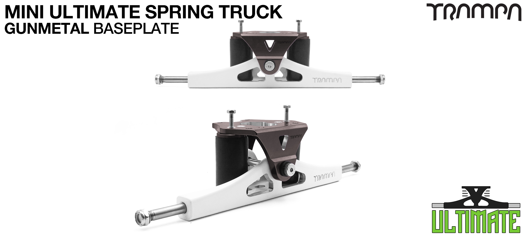 Mini ULTIMATE TRAMPA TRUCKS - CNC FORGED Channel Hanger with 9.525mm TITANIUM Axle CNC Baseplate TITANIUM Kingpin - GUNMETAL