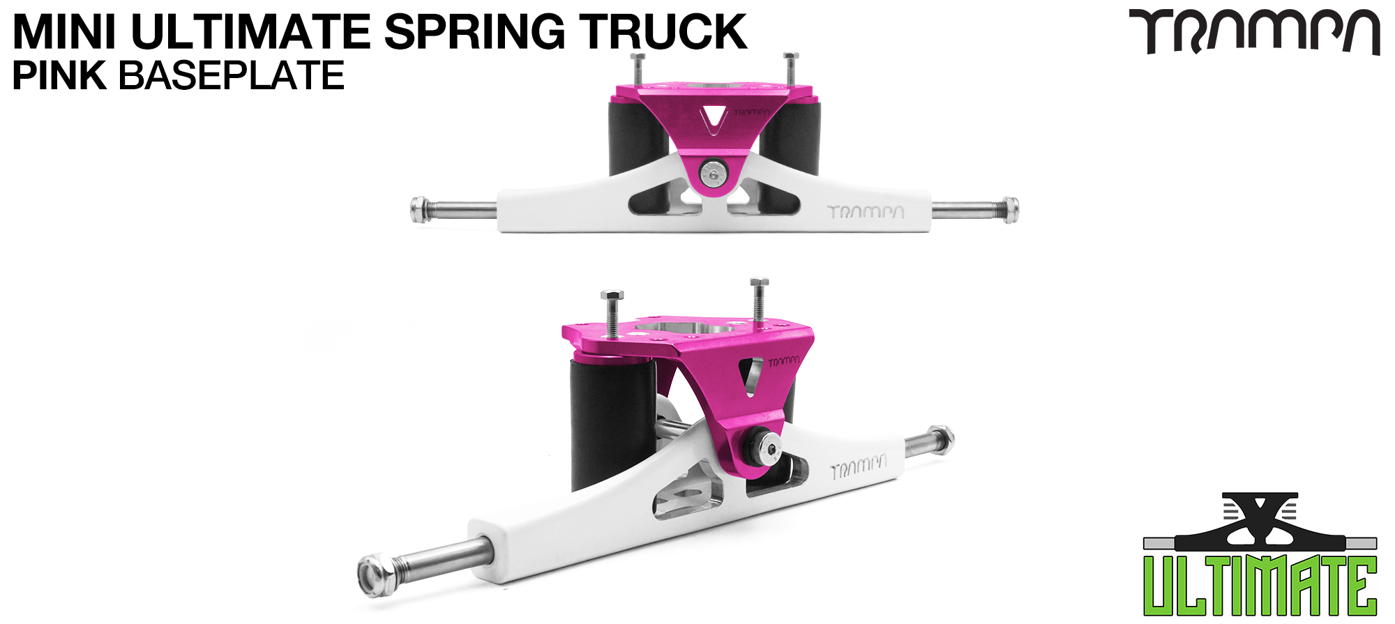 Mini ULTIMATE TRAMPA TRUCKS - CNC FORGED Channel Hanger with 9.525mm TITANIUM Axle CNC Baseplate TITANIUM Kingpin - PINK