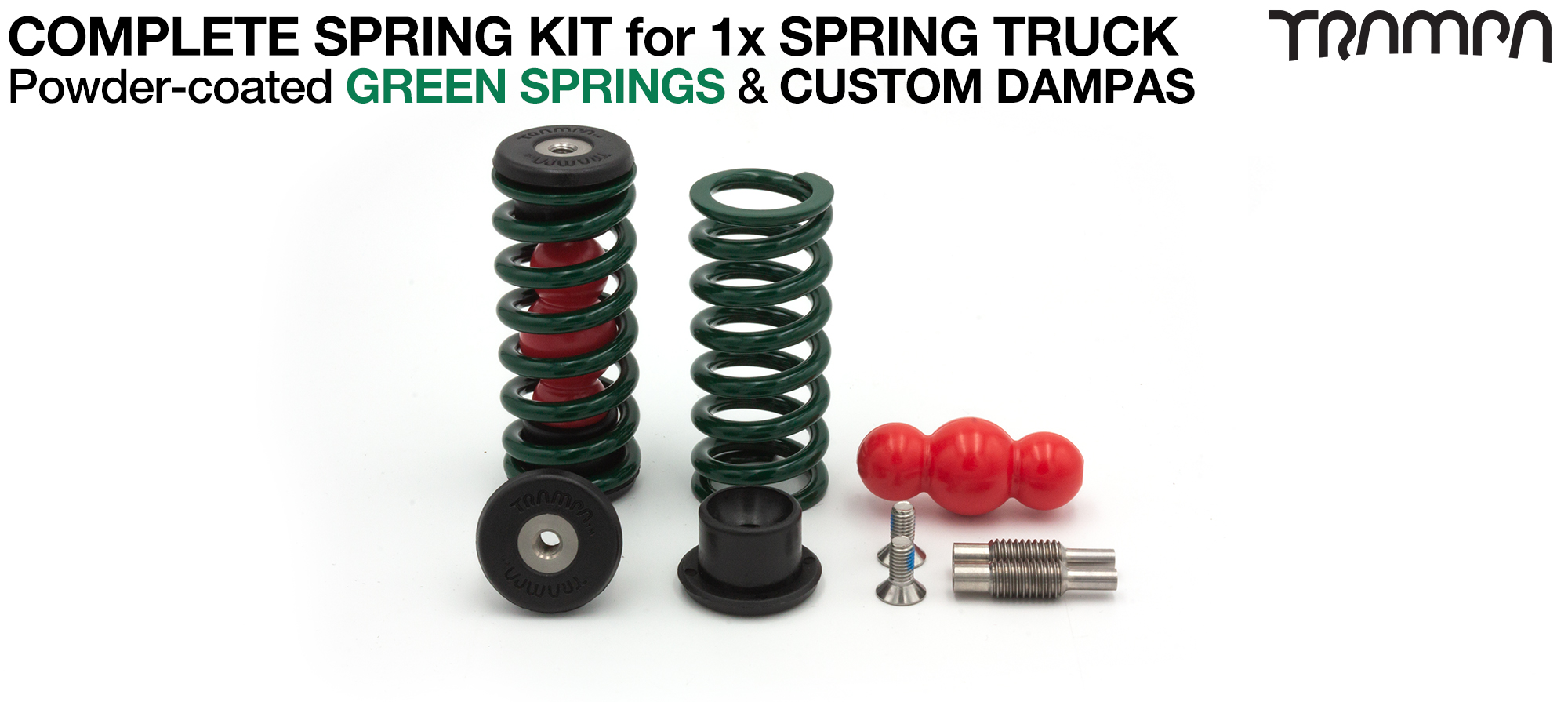 Spring kit Complete for 1x Truck - 2x Spring 2x Dampa 4x Spring Retainers 2x Spring Adjuster & 2 M5x12mm Countersunk Bolt  GREEN Springs 