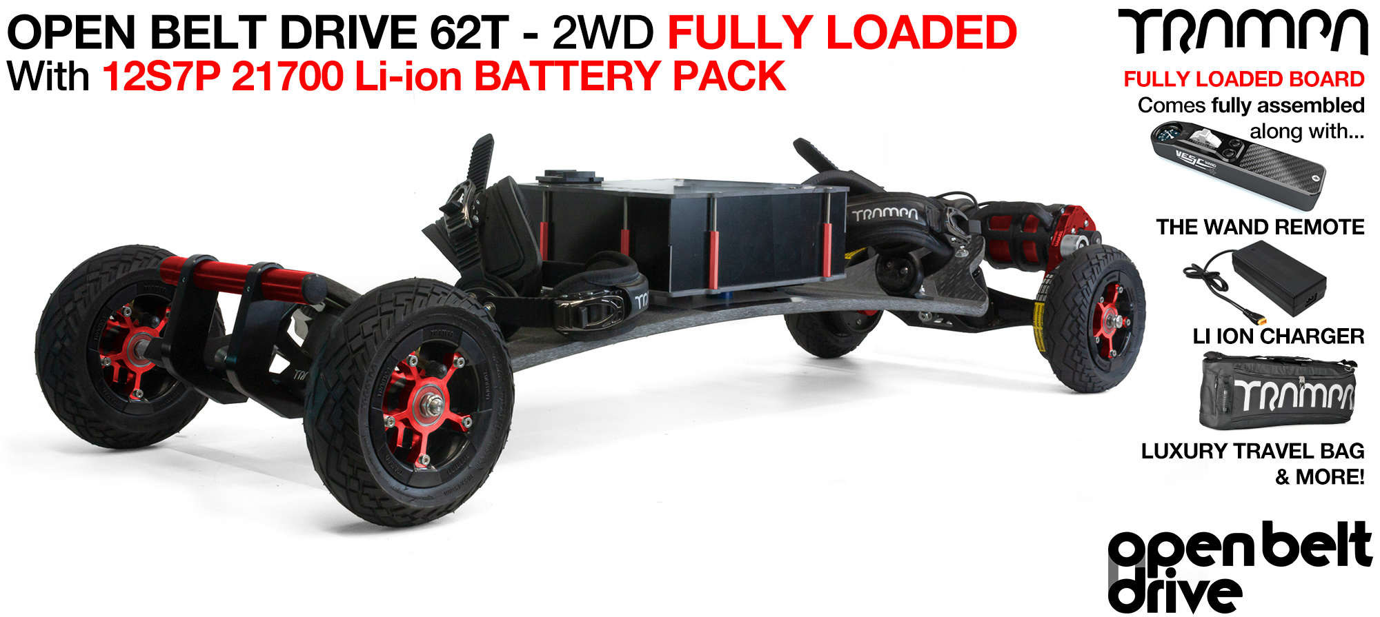 2WD 66T Open Belt Drive TRAMPA Electric Mountainboard with 6 Inch URBAN TREADs Wheels & 62 Tooth Pulleys - FULLY LOADED 21700 CELL Pack
