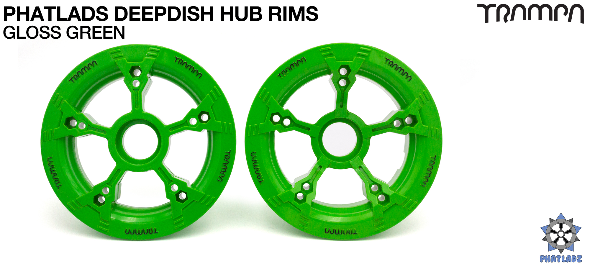 PHATLADS - 5 Spoke Hub Deep Dish Split Rim hub natural GREEN with Black Logo fits 6,7,8,9 & 10 Inch tyres!! Amazing 