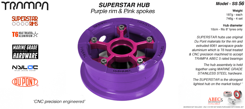 SUPERSTAR Hub 3.75 x 2 Inch - Purple Rim with Pink Spokes & Marine Grade Stainless Steel Bolt kit 