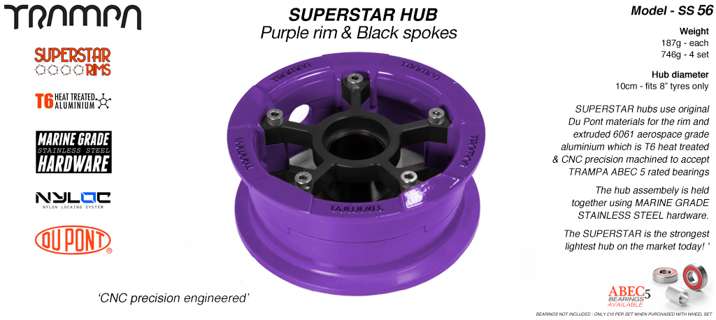 SUPERSTAR Hub 3.75 x 2 Inch - Purple Rim with Black Spokes & Marine Grade Stainless Steel Bolt kit