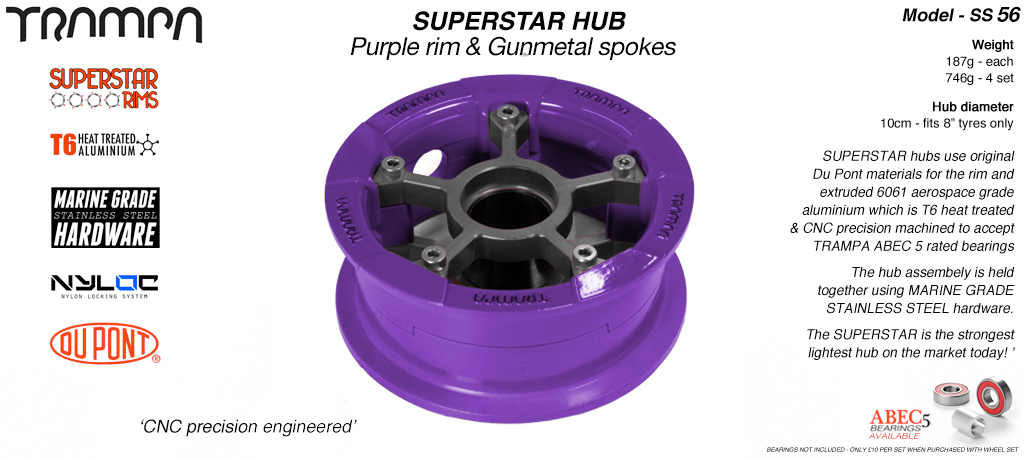 SUPERSTAR Hub 3.75 x 2 Inch - Purple Rim with Gunmetal Spokes & Marine Grade Stainless Steel Bolt kit