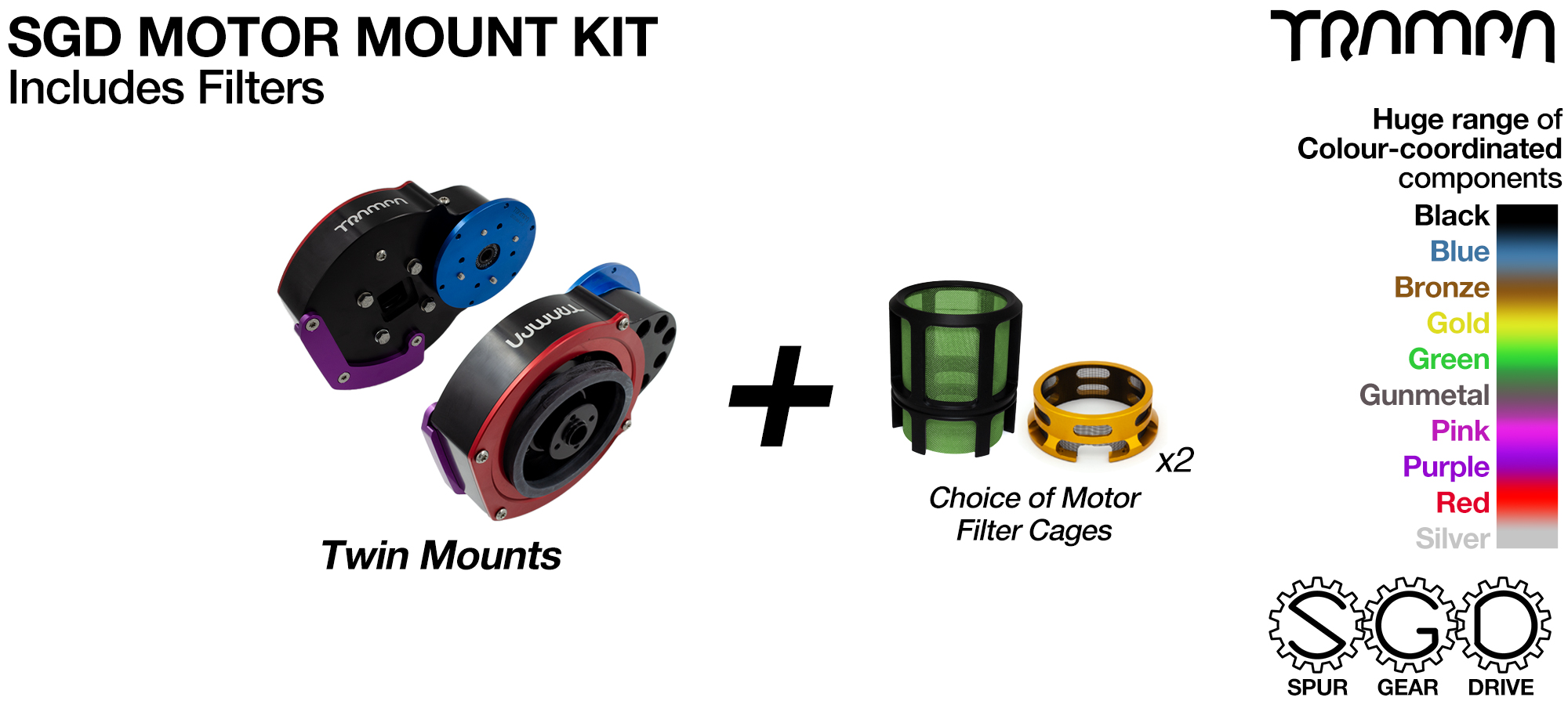 Mountainboard Spur Gear Drive TWIN Motor Mount with FILTERS - NO Pulleys & NO Motors 