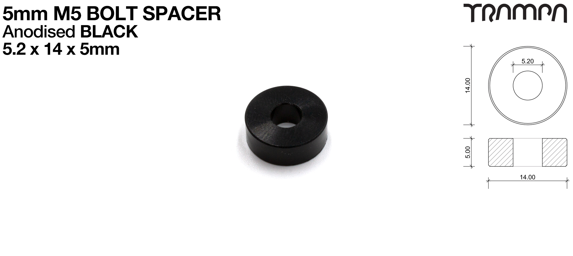M5 x 5mm Spacer - BLACK - 5.2 ID x 14 OD x 5mm Wide