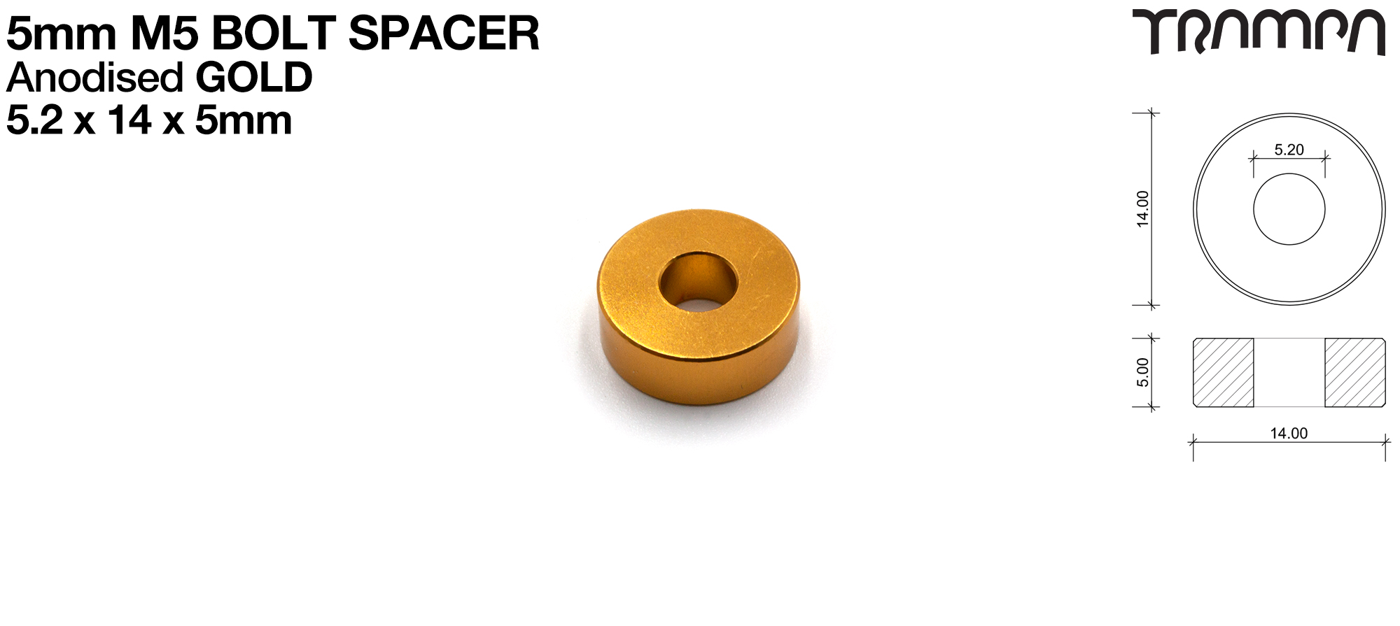 M5 x 5mm Spacer - GOLD - 5.2 ID x 14 OD x 5mm Wide