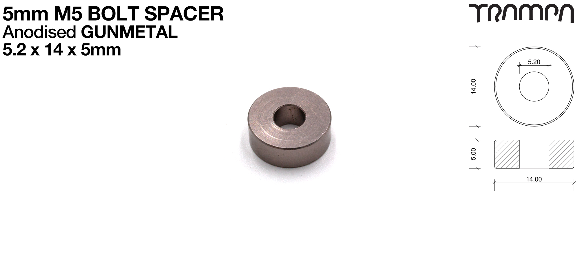 M5 x 5mm Spacer - GUNMETAL - 5.2 ID x 14 OD x 5mm Wide