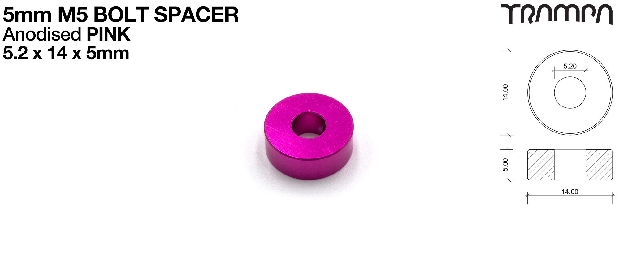 M5 x 5mm Spacer - PINK - 5.2 ID x 14 OD x 5mm Wide