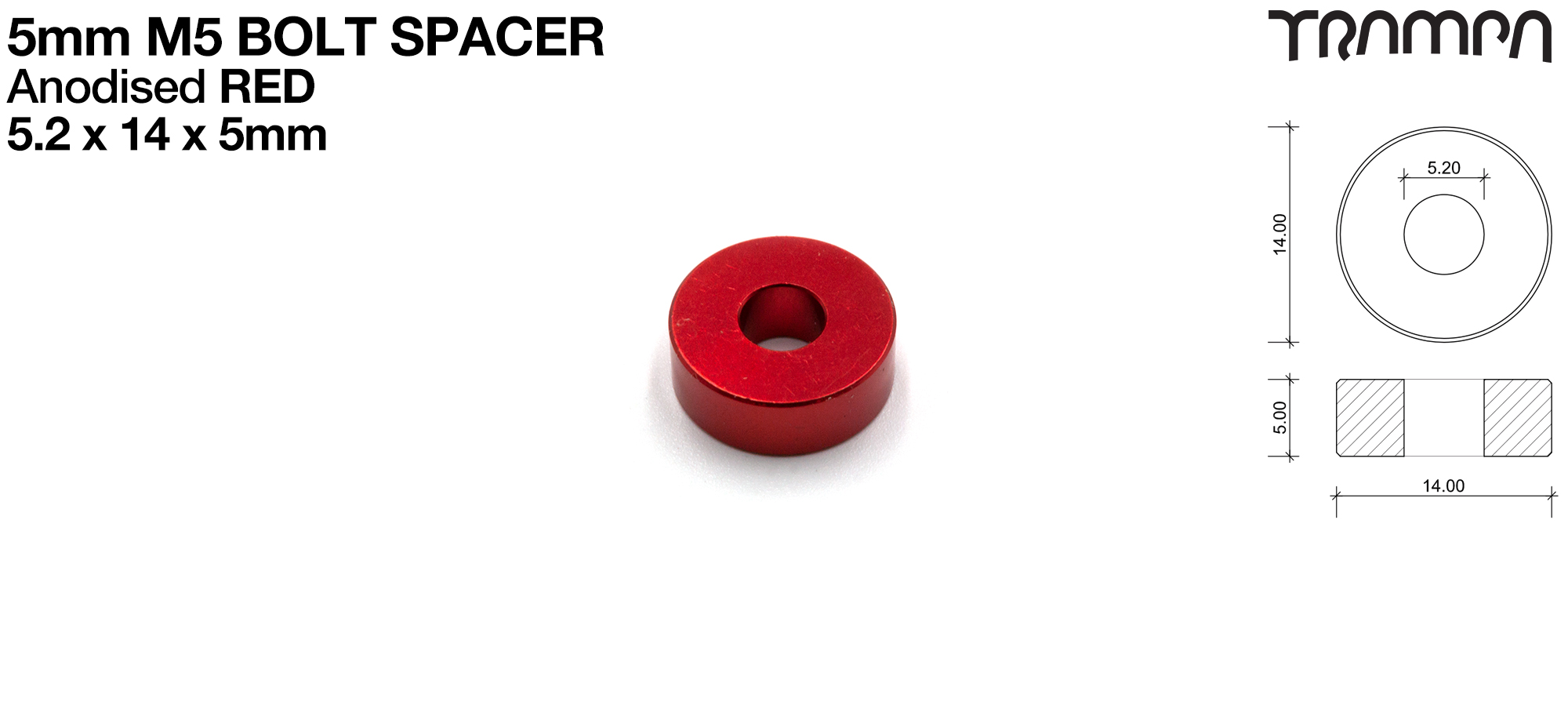 M5 x 5mm Spacer - RED - 5.2 ID x 14 OD x 5mm Wide
