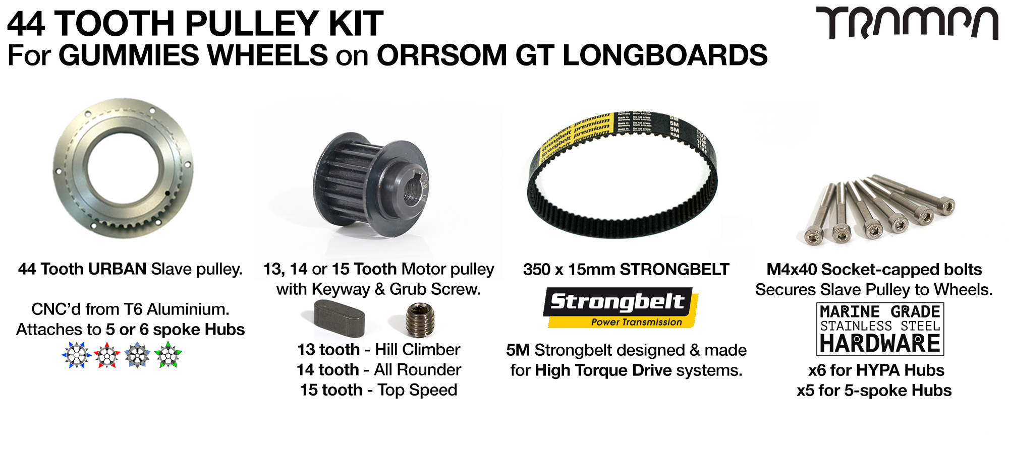 ORRSOM GT Longboard Pulley kit with 44 Tooth Slave & 350mm x 15mm Belt to fit 5 Inch GUMMIES Tyres on 14FiFties Trucks