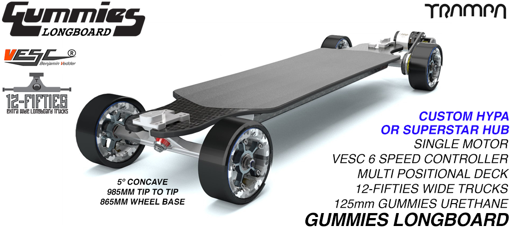 TRAMPA's 12FiFties ORRSOM Electric Longboard with GUMMIES 125mm Longboard Tyres SINGLE Motor - FULLY LOAED