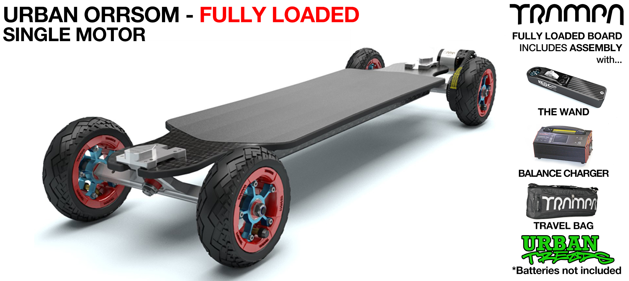 TRAMPA's 12FiFties ORRSOM Electric Longboard with URBAN TREADS Pneumatic Tyres - SINGLE MOTOR FULLY LOADED