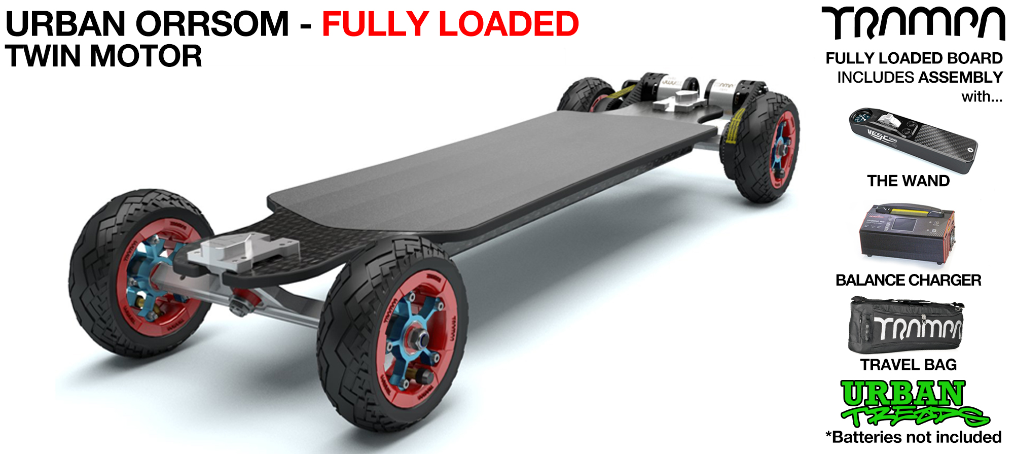 TRAMPA's 12FiFties ORRSOM Electric Longboard with URBAN TREADS Pneumatic Tyres TWIN Motor - FULLY LOADED
