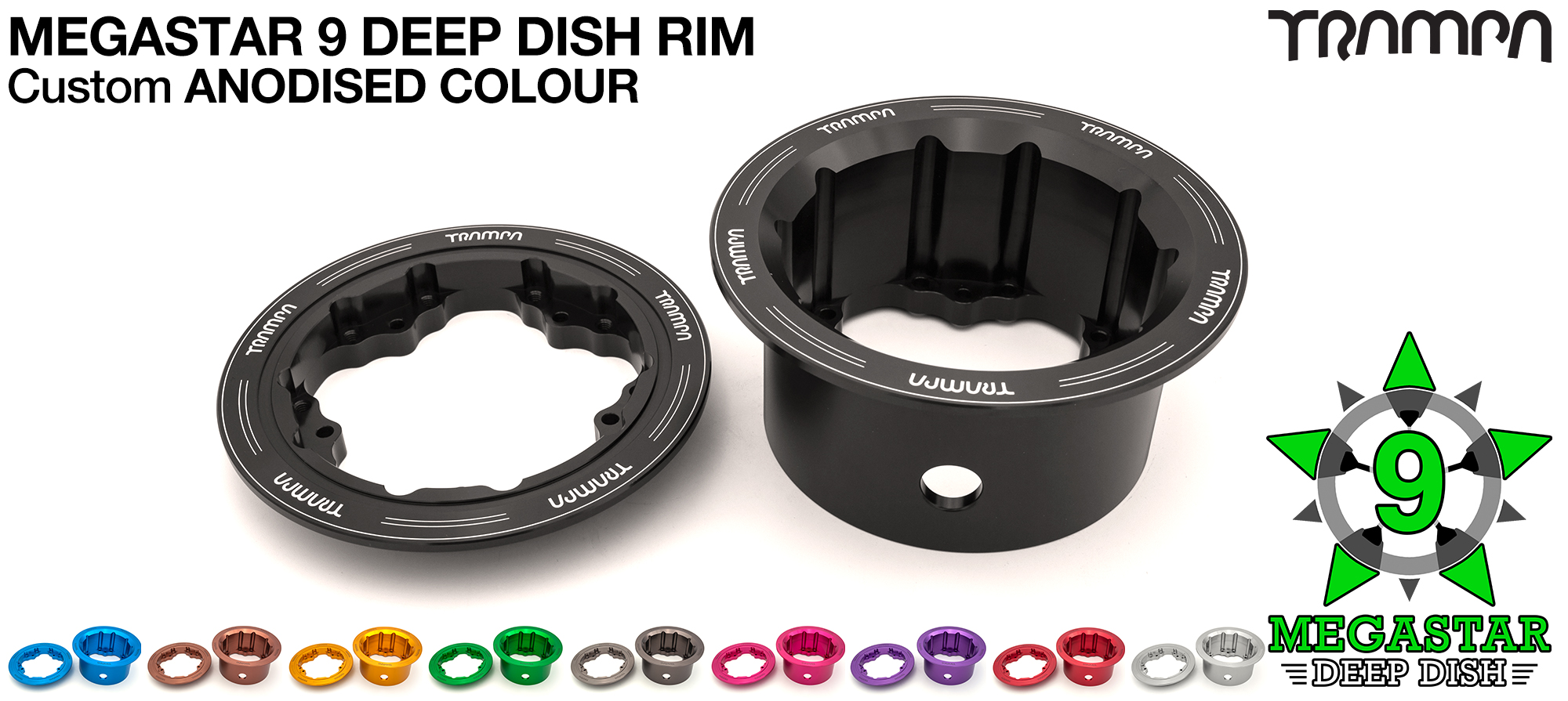 MEGASTAR 9 DEEP-DISH Rims Measure 3.75/4x 3 Inch. The Bearings are positioned OFF-SET & accept 4 Inch Rim Tyres to make 9 or 10 inch Wheels