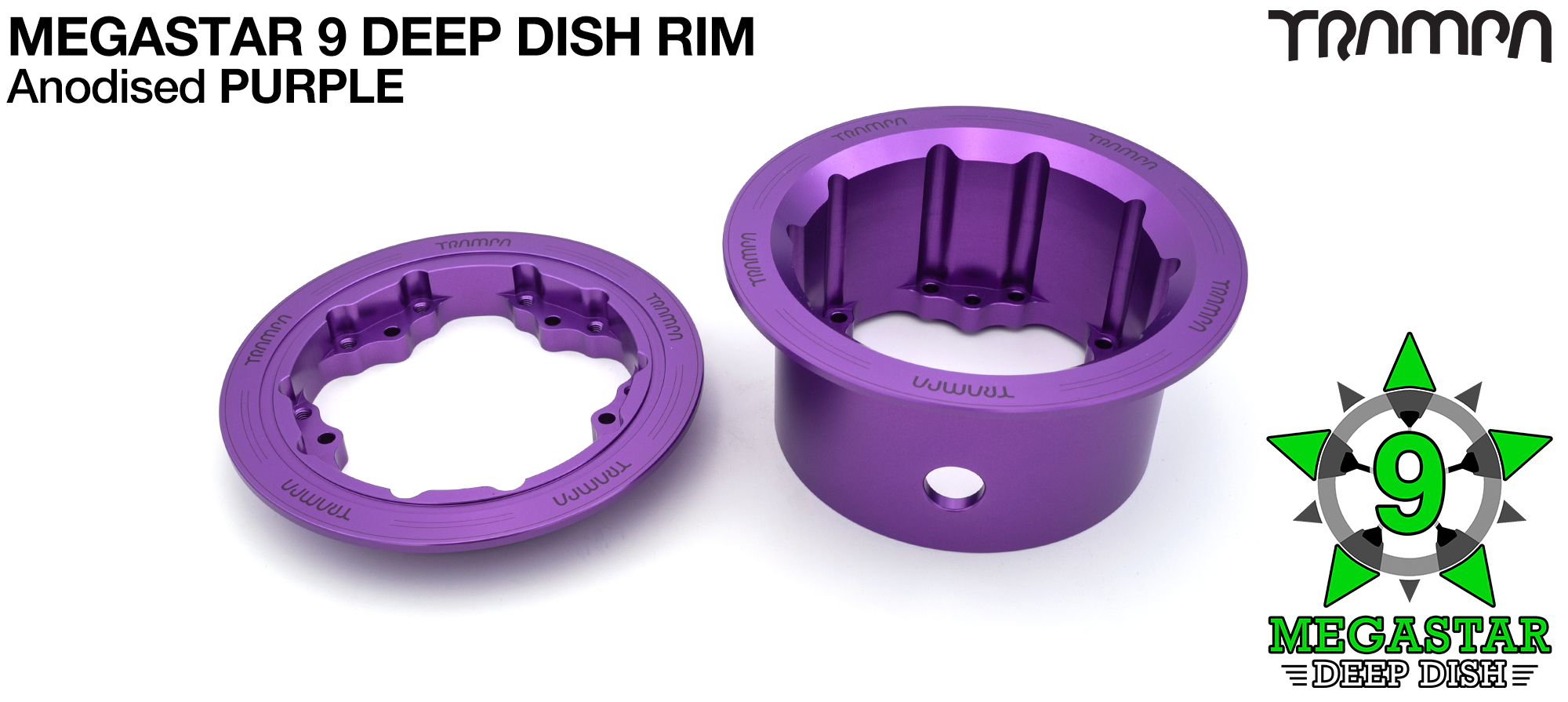 MEGASTAR 9 DD Rims Measure 3.75/4x 3 Inch. The Bearings are positioned DEEP-DISH OFF-SET & accept 3.75 & 4 Inch Rim Tyres - PURPLE