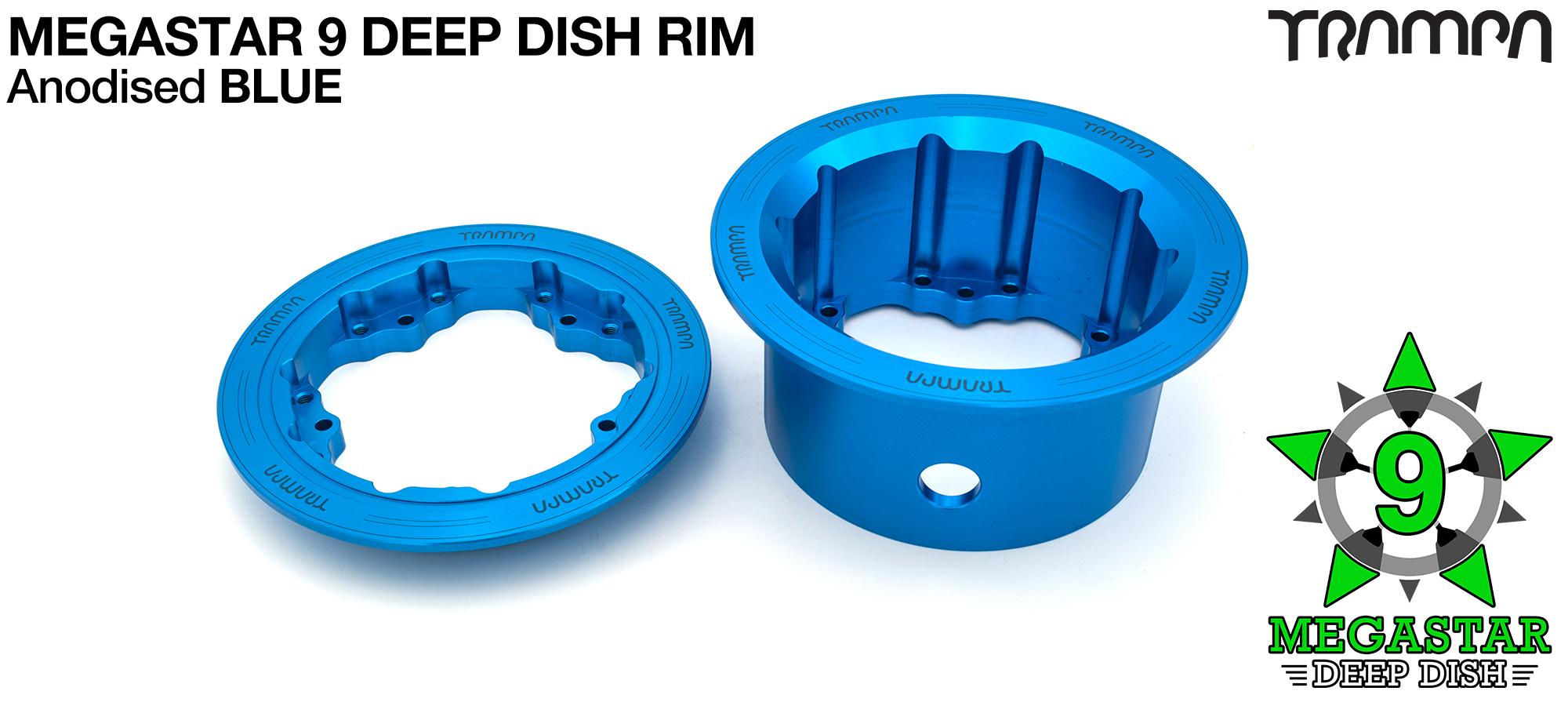 MEGASTAR 9 DD Rims Measure 3.75/4x 3 Inch. The Bearings are positioned DEEP-DISH OFF-SET & accept 3.75 & 4 Inch Rim Tyres - BLUE