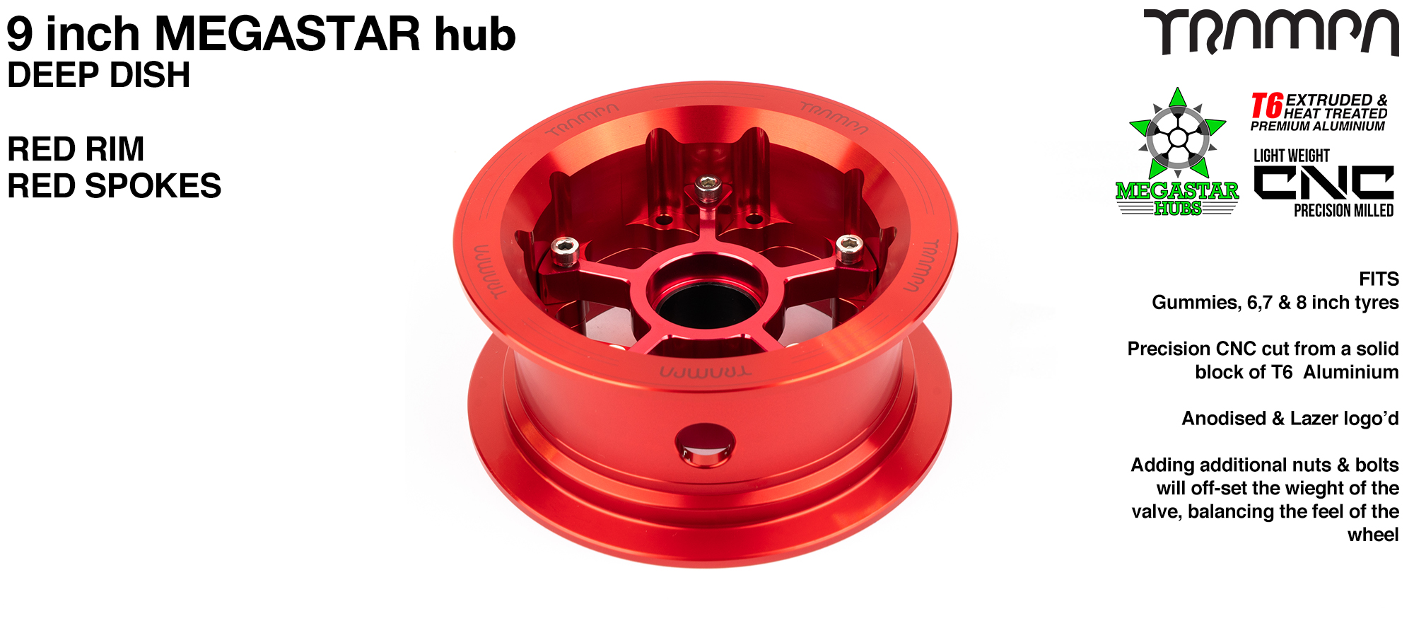 4 x 3 Inch DEEP-DISH MEGASTAR 9 Hub - RED Rim with RED Spokes