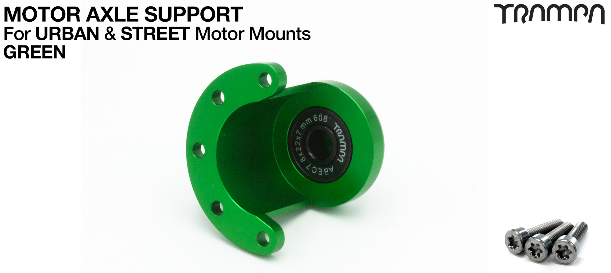 Motor Axle Support Housing with TRAMPA R608 8x22x7mm Bearing, C-Clip & Stainless Steel fixing Bolts for ORRSOM Longboard Motor Mounts  - GREEN