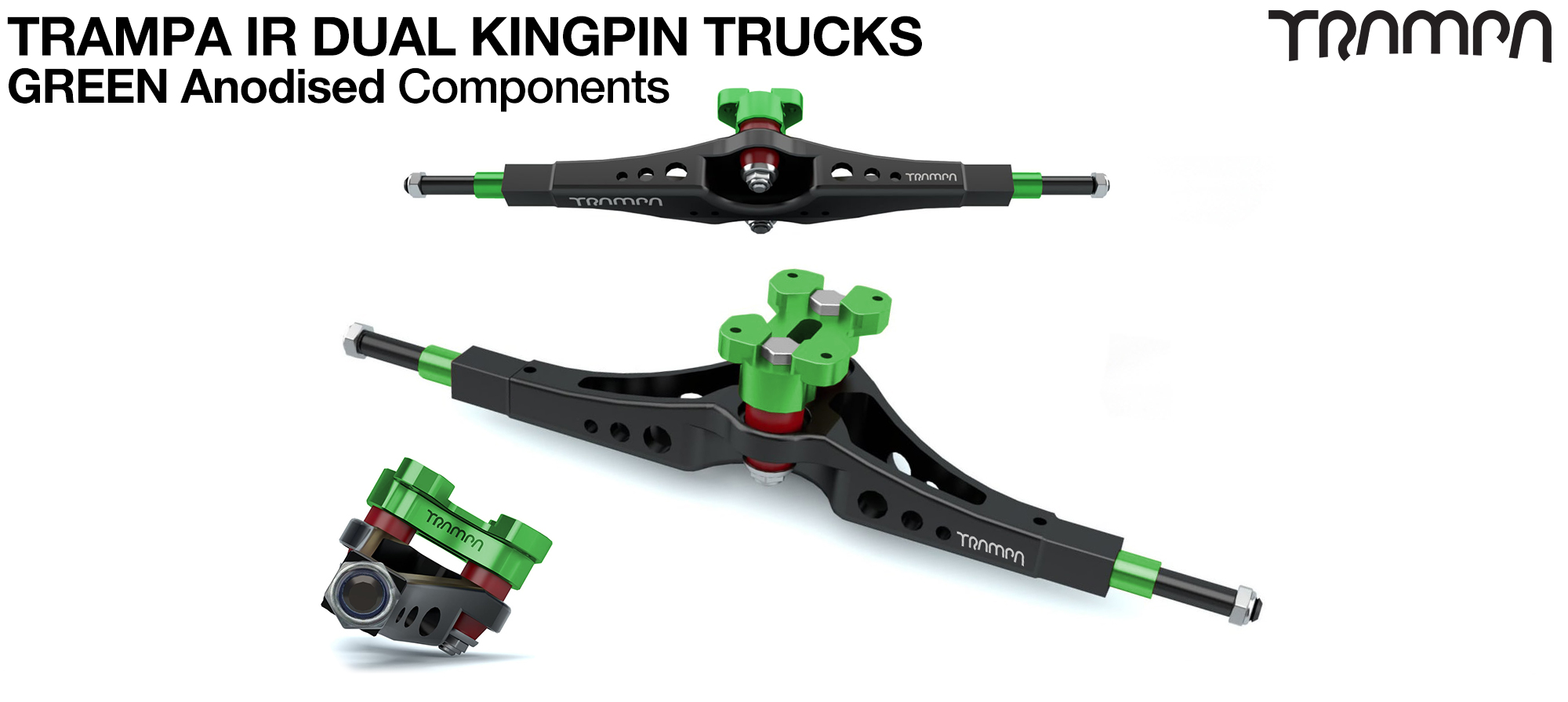 TRAMPA IR Double Kingpinned Skate Style Trucks fit every 19.1mm Motor Mount TRAMPA offers - GREEN