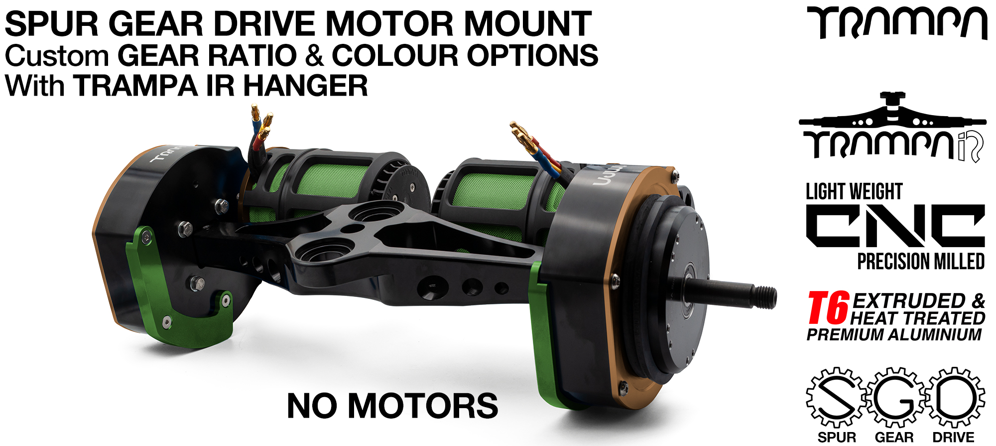 Mountainboard Spur Gear Drive TWIN with PULLEYS & FILTERS Mounted on a TRAMPA IR Hanger 