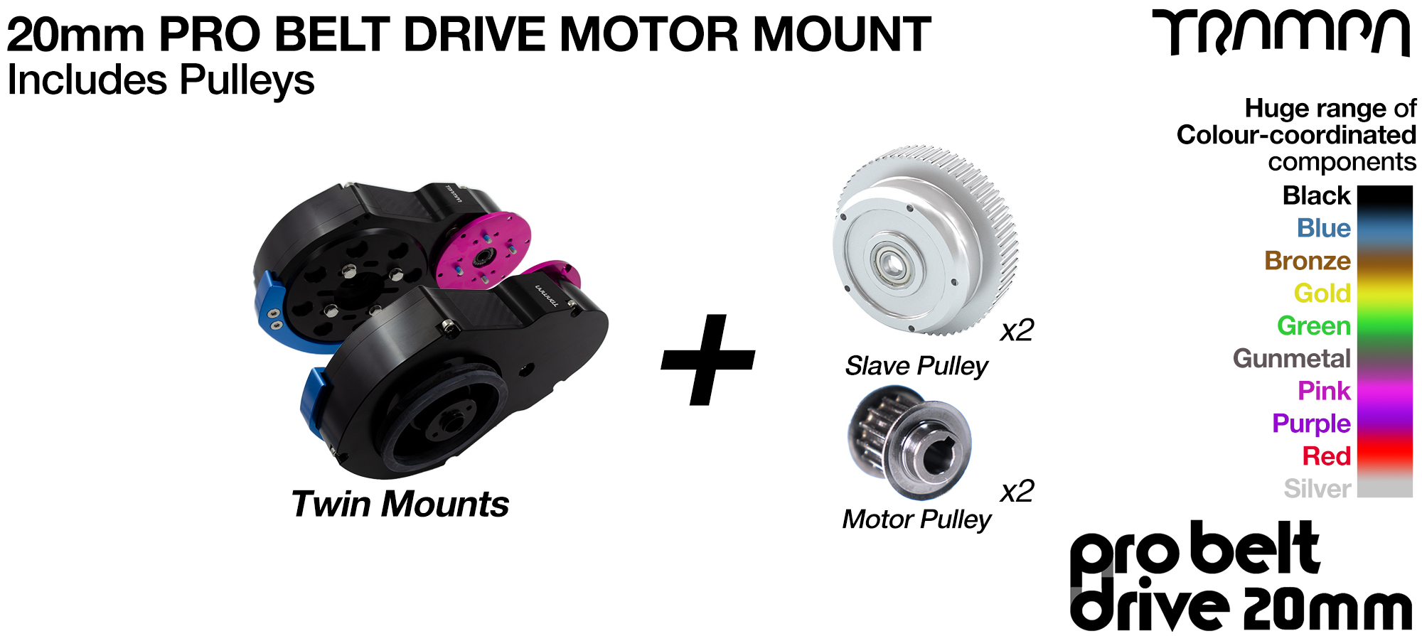 20mm PRO BELT DRIVE Motor Mounts with PULLEYs - NO Motors & NO Filters