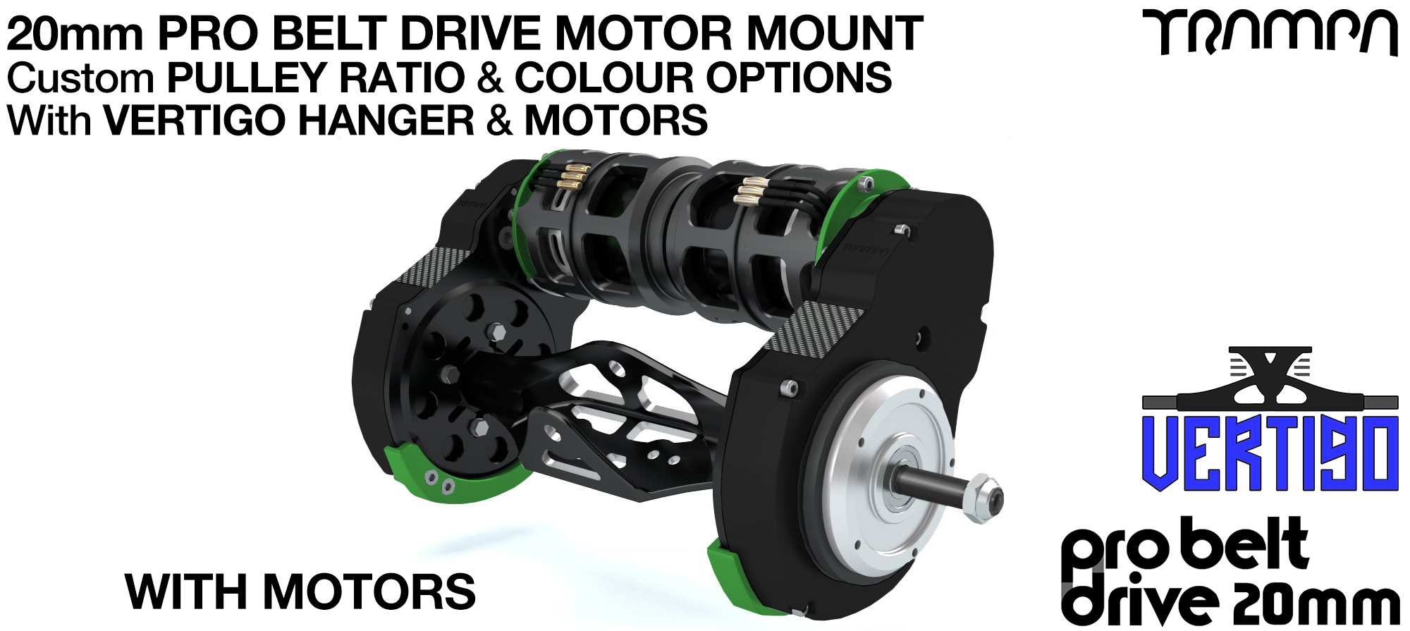 20mm PRO BELT DRIVE Motor Mounts MOTORS, PULLEYS & Motor PROTECTION FILTERS mounted on a CNC VERTIGO Hanger