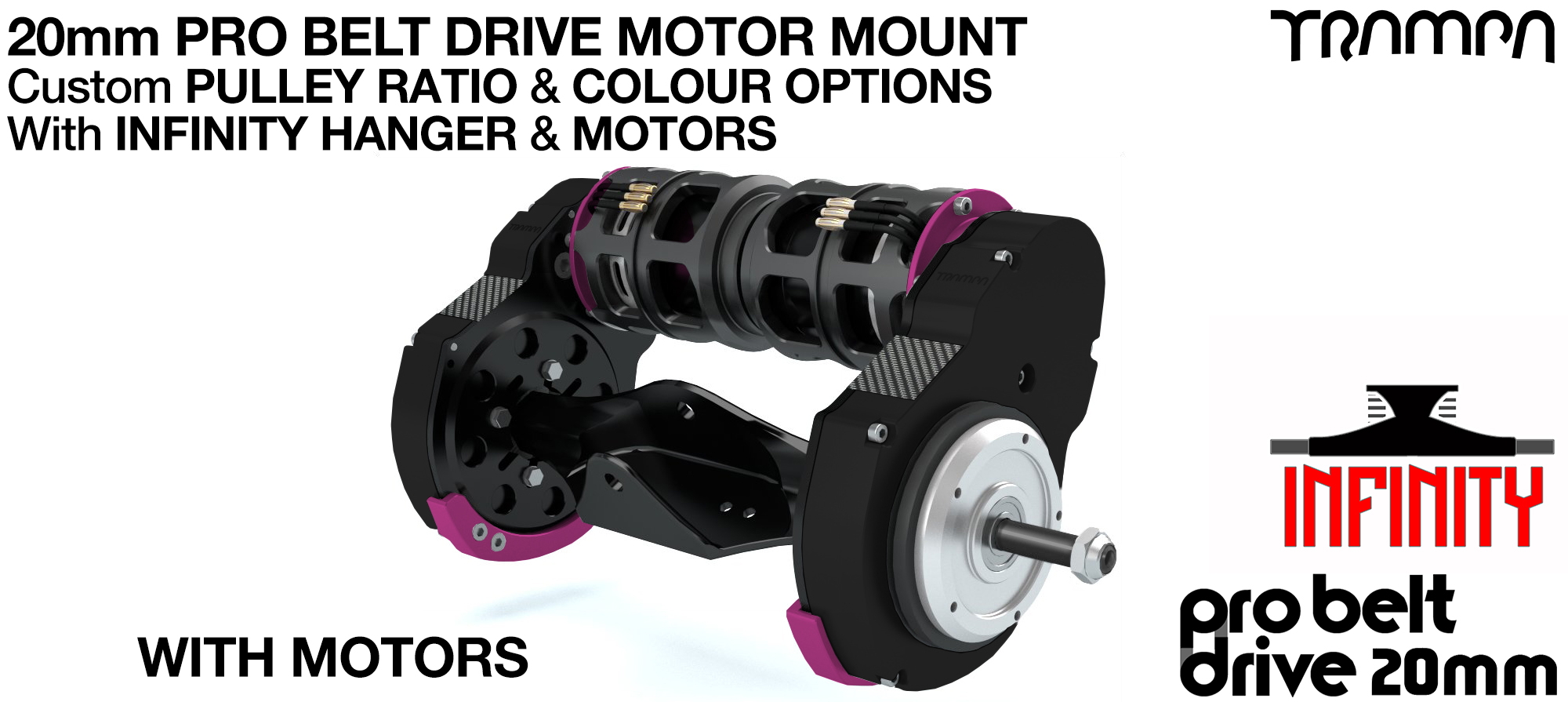 20mm PRO BELT DRIVE Motor Mounts MOTORS, PULLEYS & Motor PROTECTION FILTERS mounted on a CNC INFINITY Hanger