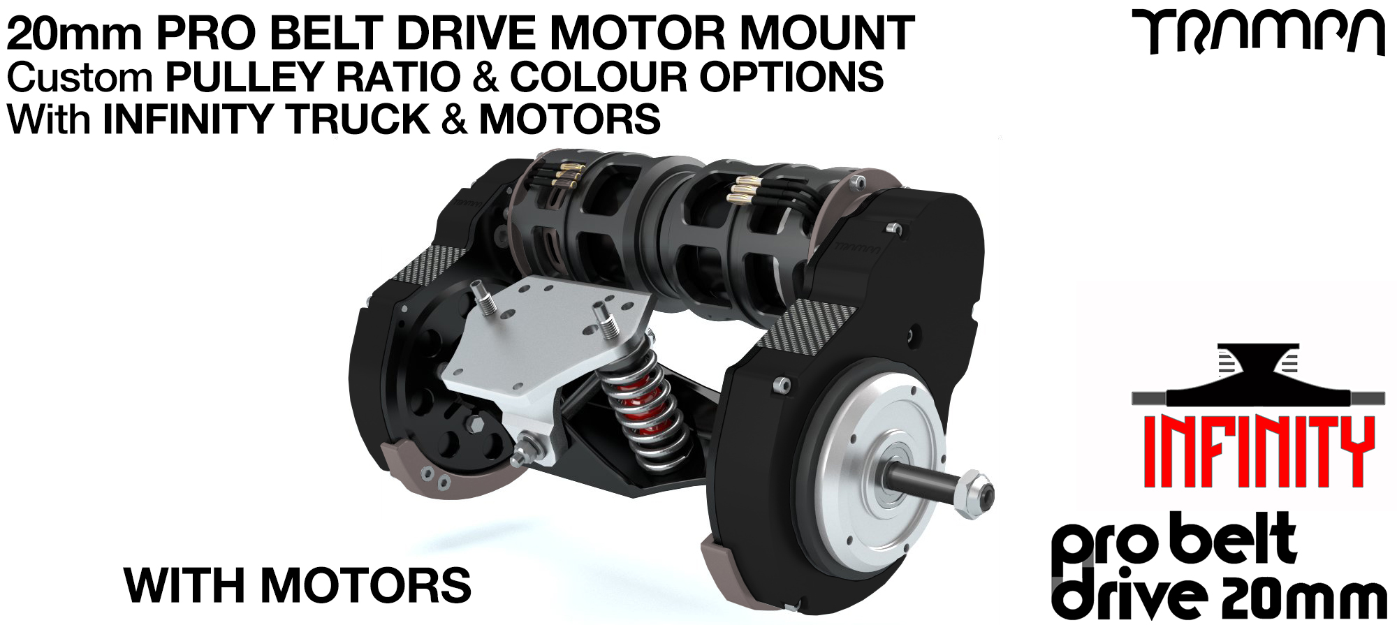20mm PRO BELT DRIVE Motor Mounts MOTORS, PULLEYS & Motor PROTECTION FILTERS mounted on a CNC INFINITY TRUCK